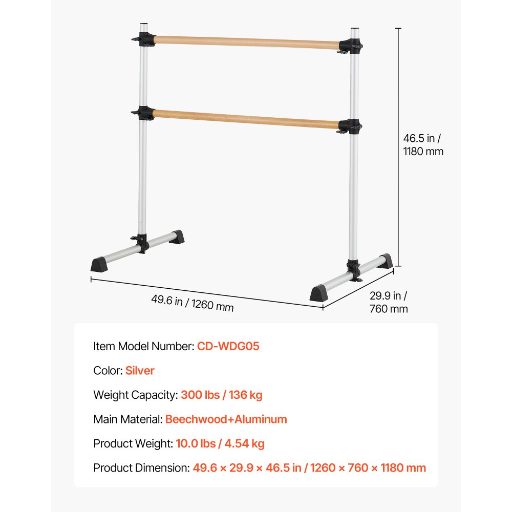 VEVOR Barra de Ballet Independiente Doble, Altura 170-1165 mm, Barra Elástica de Madera para Entrenamiento de Equilibrio, Ejercicios de Relajación y Gimnasio, 1260 x 760 x 1180 mm, Carga 136 kg