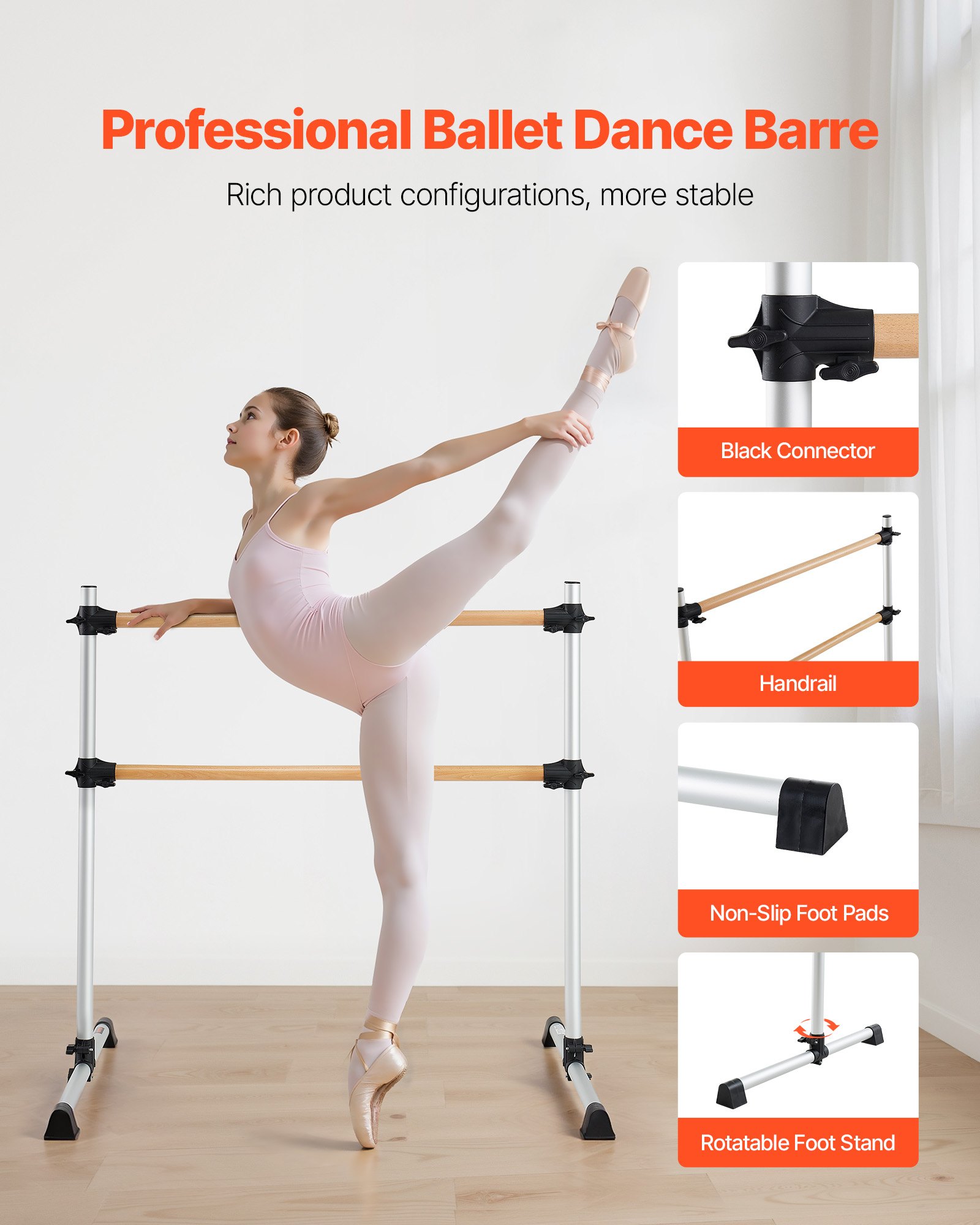 VEVOR Barra de Ballet Independiente Doble, Altura 170-1165 mm, Barra Elástica de Madera para Entrenamiento de Equilibrio, Ejercicios de Relajación y Gimnasio, 1260 x 760 x 1180 mm, Carga 136 kg