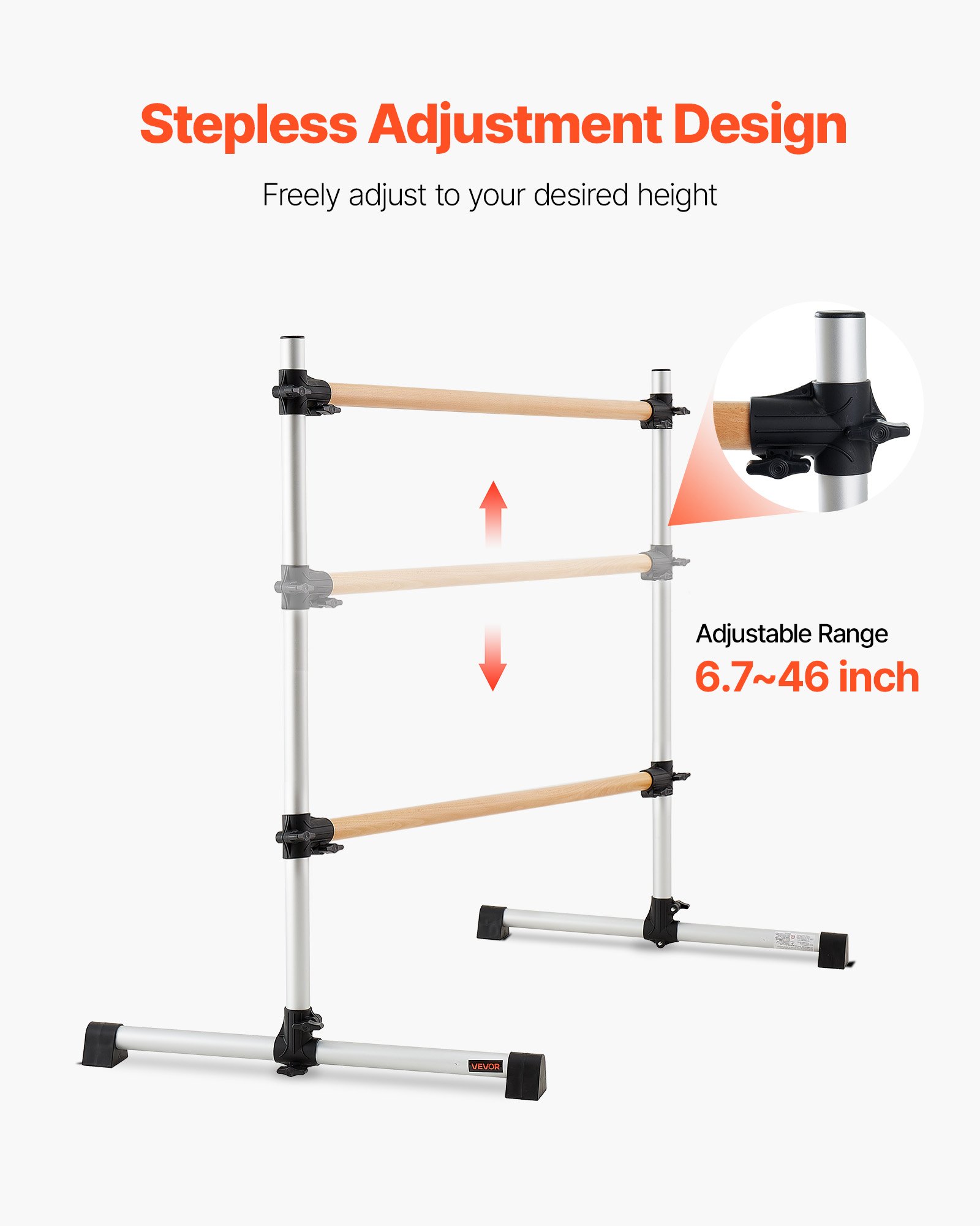 VEVOR Barra de Ballet Independiente Doble, Altura 170-1165 mm, Barra Elástica de Madera para Entrenamiento de Equilibrio, Ejercicios de Relajación y Gimnasio, 1260 x 760 x 1180 mm, Carga 136 kg
