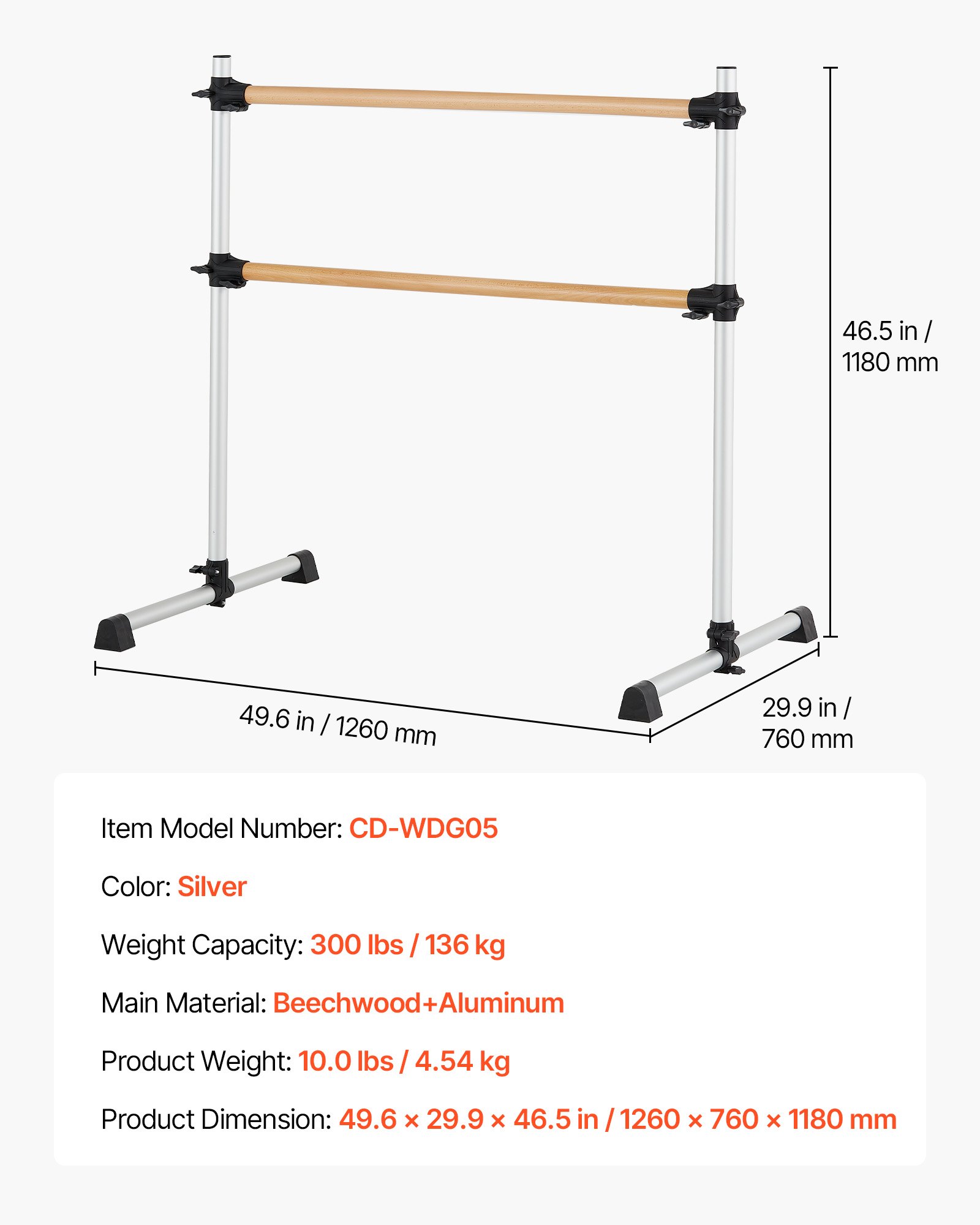 VEVOR Barra de Ballet Independiente Doble, Altura 170-1165 mm, Barra Elástica de Madera para Entrenamiento de Equilibrio, Ejercicios de Relajación y Gimnasio, 1260 x 760 x 1180 mm, Carga 136 kg