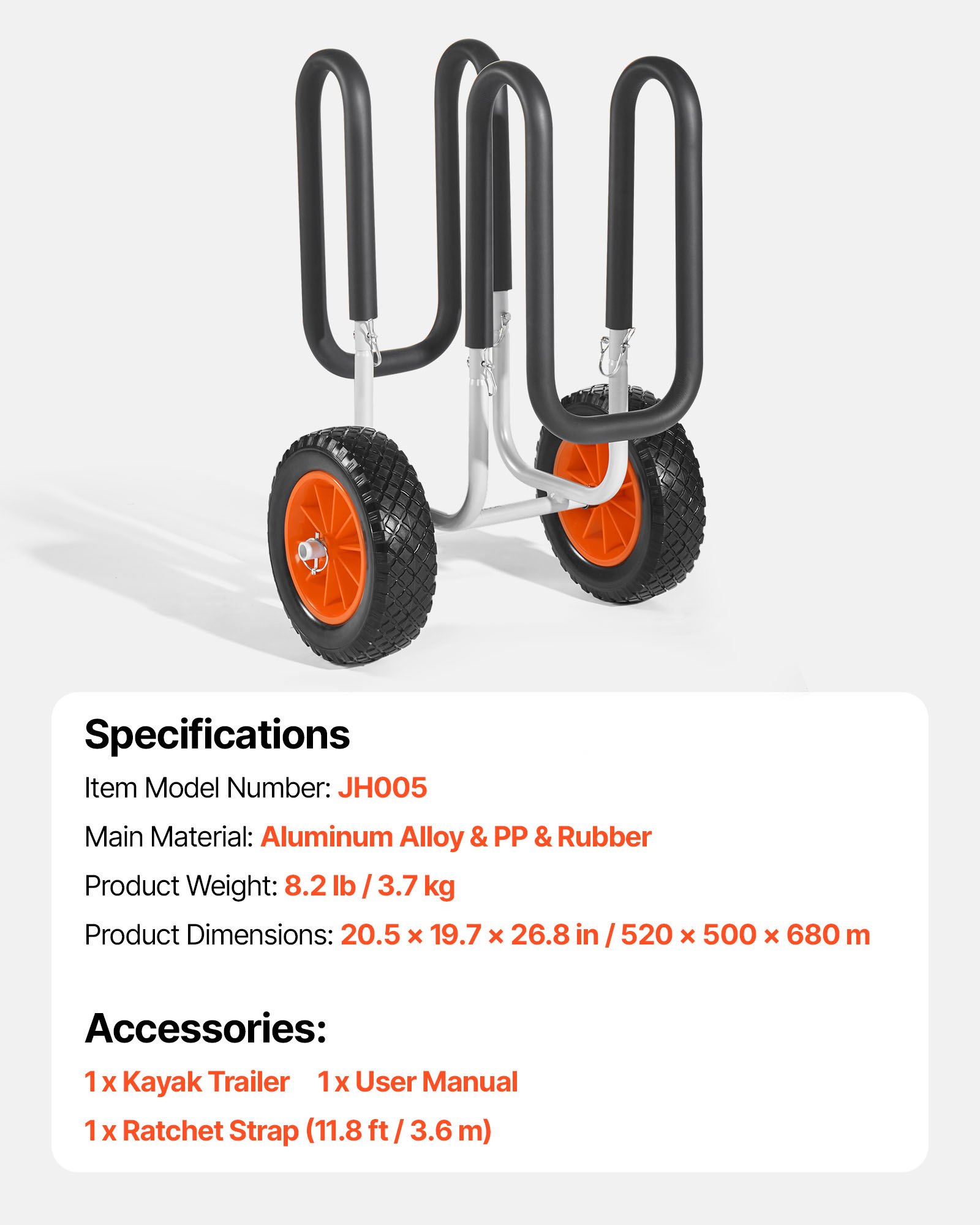 VEVOR Remolque Vertical para Kayak, Remolque de Kayak 520 x 500 x 680 mm con Neumáticos de Goma Maciza de 25,4 cm y Soportes Carga de 68 kg, Carrito para Tabla de Surf de Remo, Kayaks, Canoas