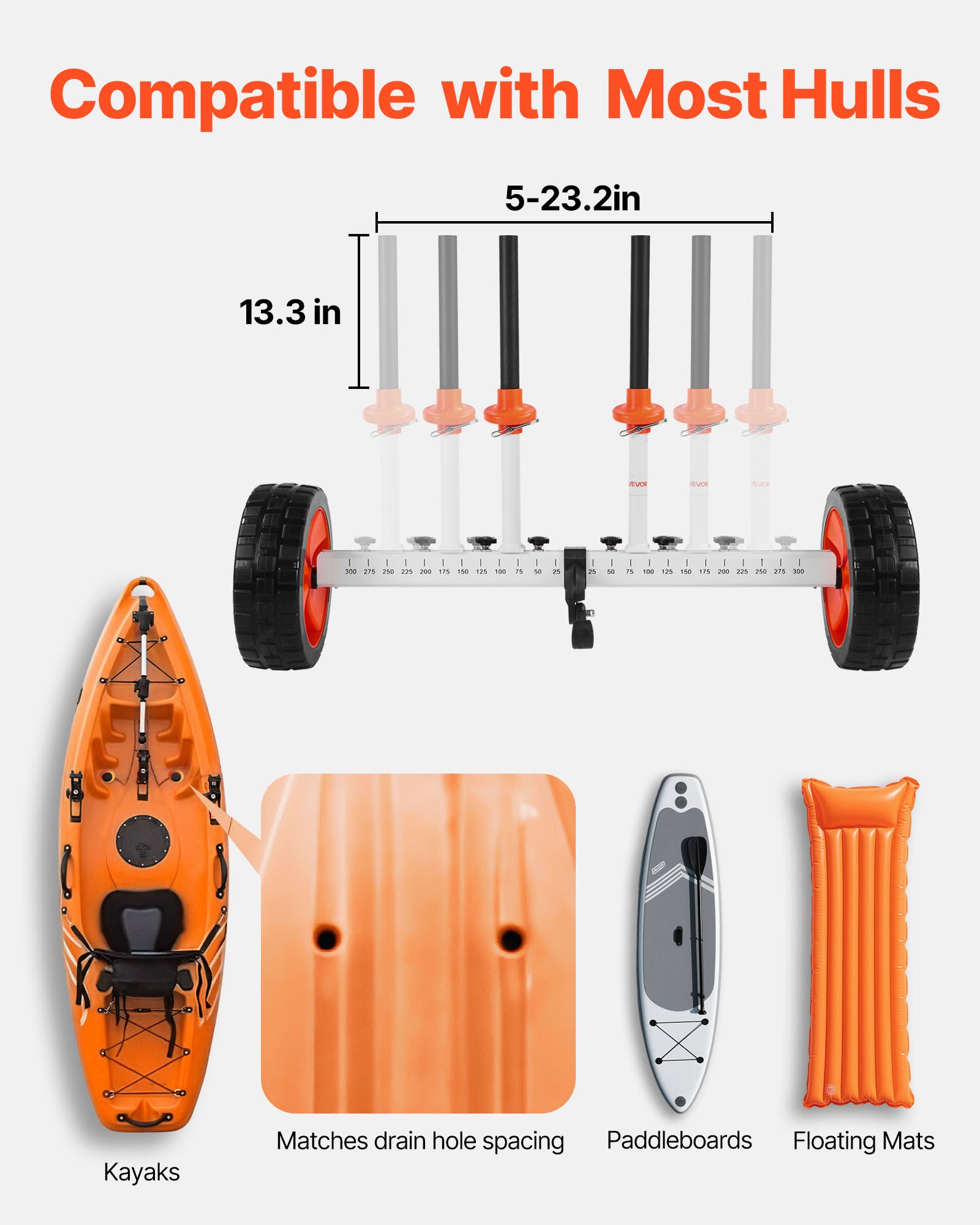 VEVOR Remolque Vertical para Kayak, Remolque de Kayak 900 x 580 x 575 mm con Neumáticos de PU de 25,4 cm y Correa de Amarre, Carga de 113,4 kg, Carrito para Tabla de Surf de Remo, Kayaks, Canoas