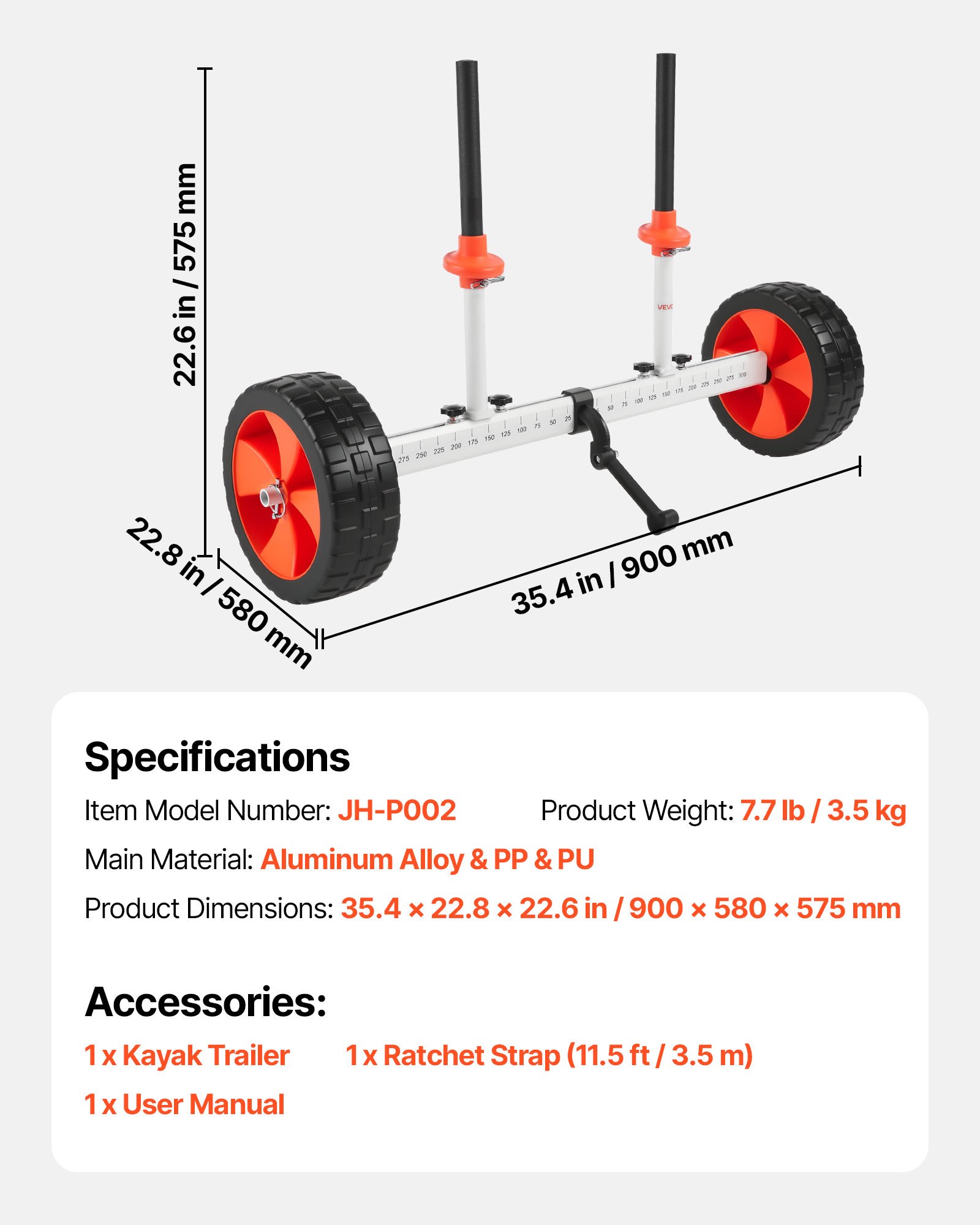 VEVOR Remolque Vertical para Kayak, Remolque de Kayak 900 x 580 x 575 mm con Neumáticos de PU de 25,4 cm y Correa de Amarre, Carga de 113,4 kg, Carrito para Tabla de Surf de Remo, Kayaks, Canoas