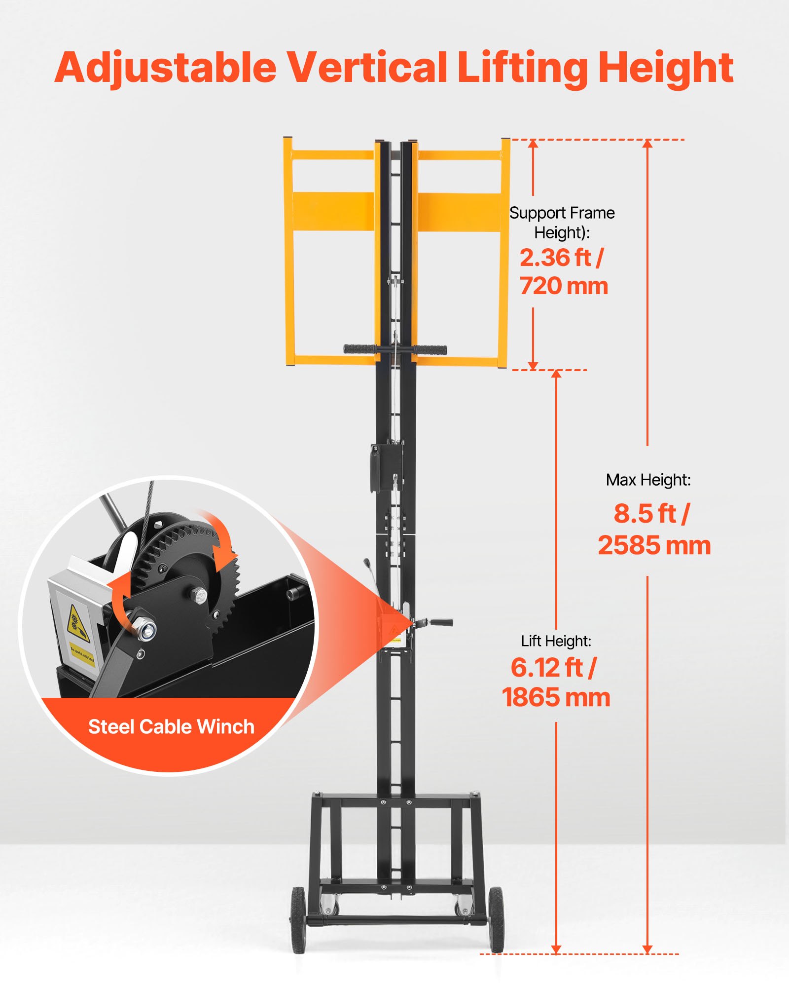VEVOR Elevador Vertical de Paneles de Yeso de Alta Resistencia de 68 kg, para Paredes, Instalación por Una Sola Persona, con Ruedas, Fácil de Transportar, 530 x 770 x 2575 mm, Amarillo