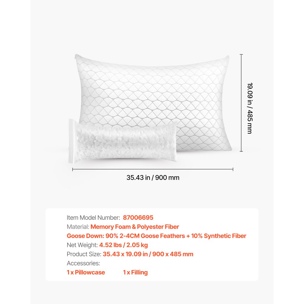 VEVOR Almohada de Cama, Tamaño King 900 x 485 mm, Almohada de Hotel de Lujo con Relleno de Espuma Viscoelástica, Incluye Funda de Fibra Natural, Ajustable y de Apoyo, para Descanso y Relajación