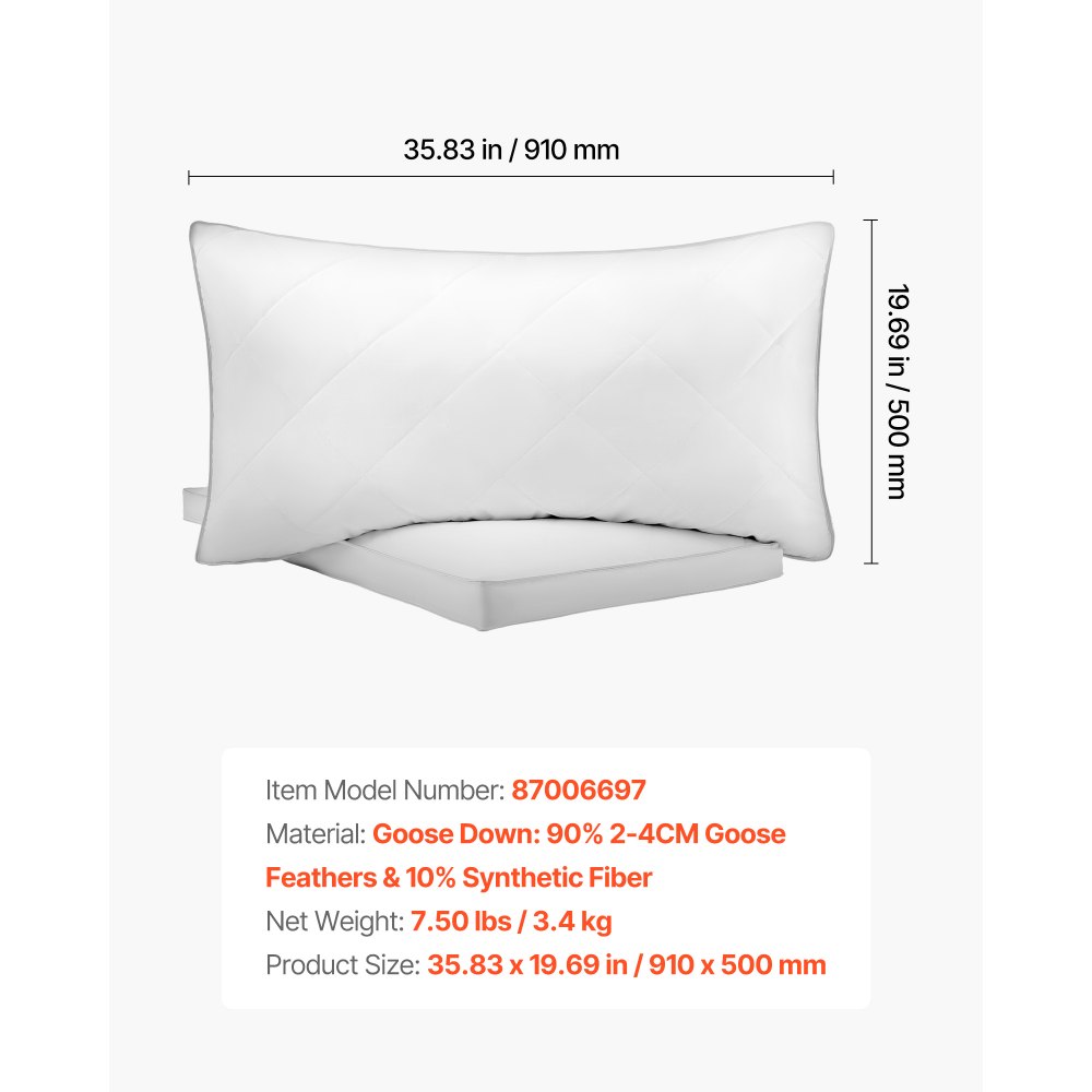 VEVOR Almohadas de Cama, 2 Piezas, Tamaño King 910 x 500 mm, Almohadas de Hotel de Lujo con Relleno Alternativo de Plumón Original, Sujetas y Mullidas, ideales para Descanso y Relajación, Blanco