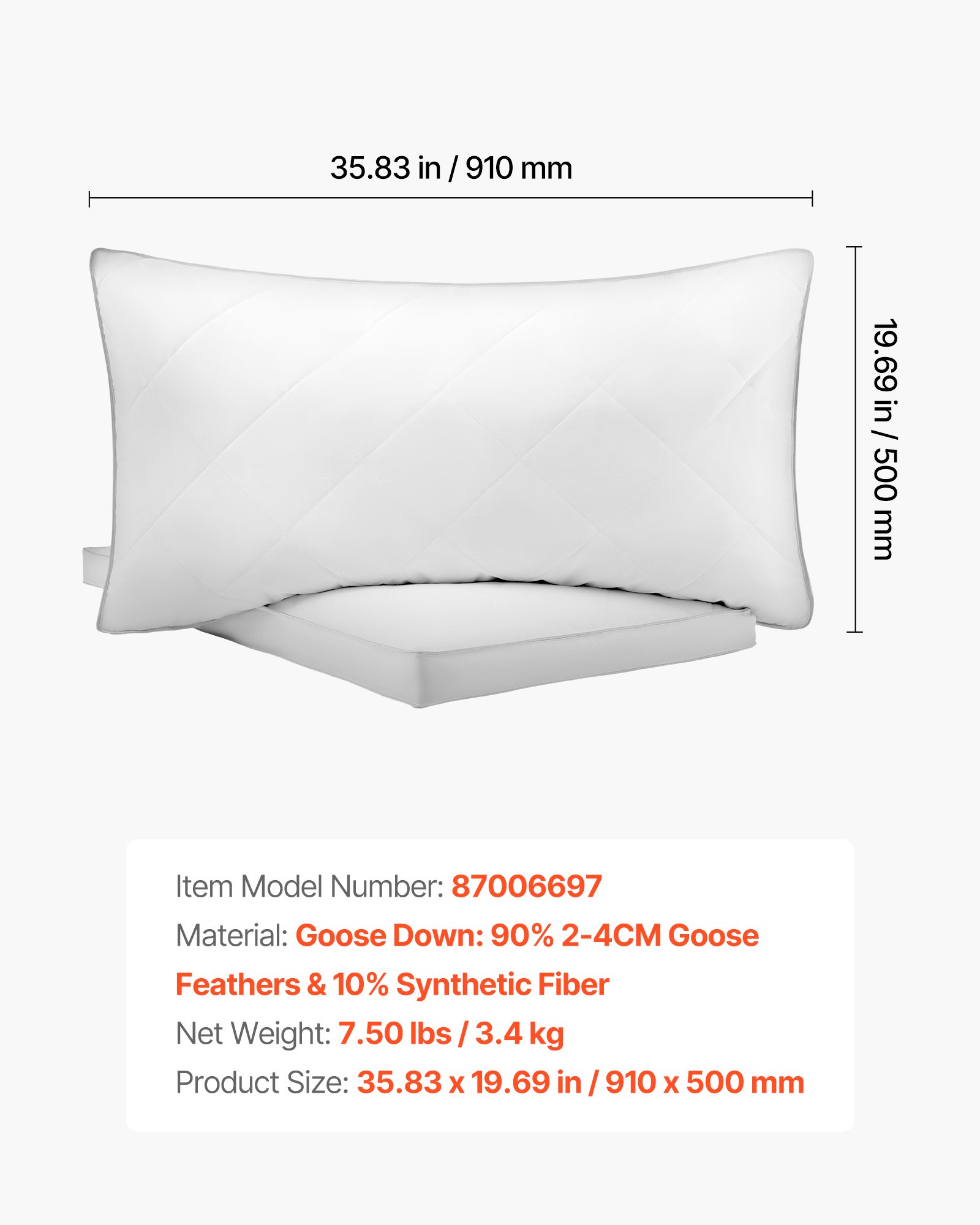 VEVOR Almohadas de Cama, 2 Piezas, Tamaño King 910 x 500 mm, Almohadas de Hotel de Lujo con Relleno Alternativo de Plumón Original, Sujetas y Mullidas, ideales para Descanso y Relajación, Blanco