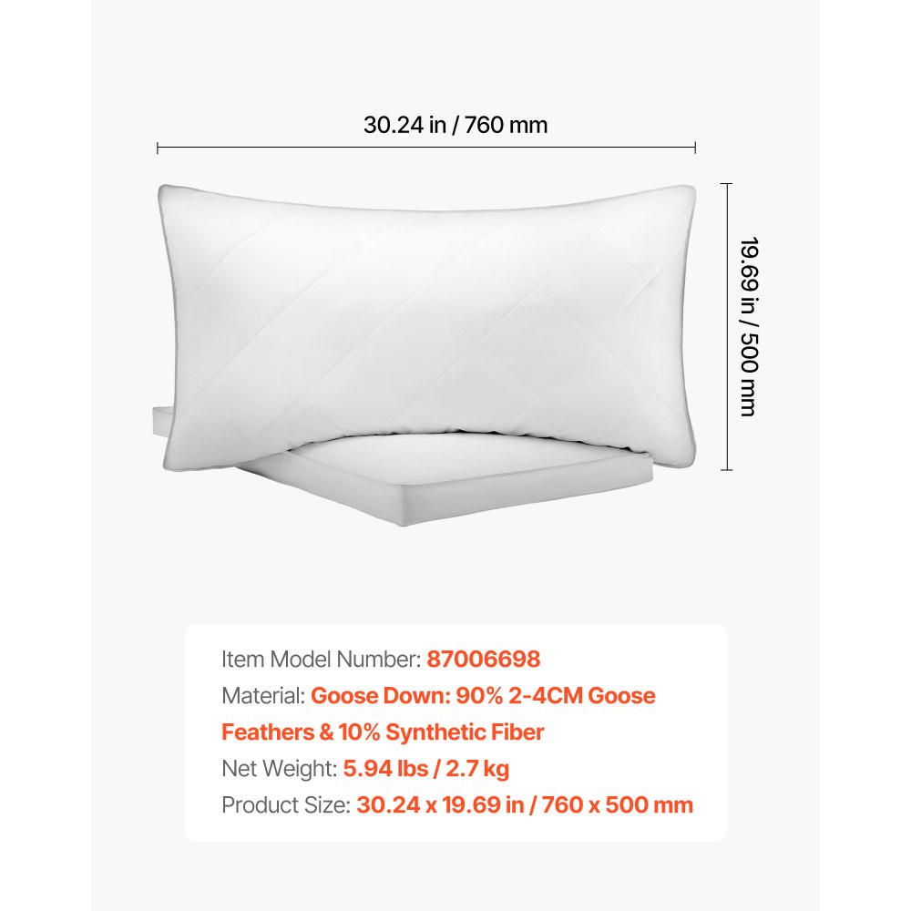 VEVOR Almohadas de Cama, 2 Piezas, Tamaño Queen 760 x 500 mm, Almohadas de Hotel de Lujo con Relleno Alternativo de Plumón Original, Sujetas y Mullidas, ideales para Descanso y Relajación, Blanco