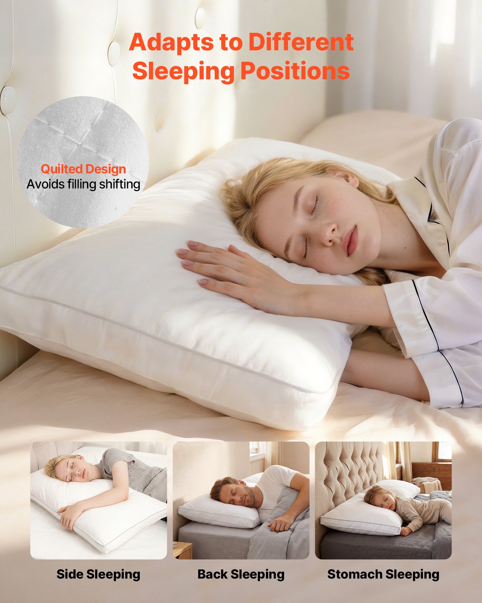 VEVOR Almohadas de Cama, 2 Piezas, Tamaño Queen 760 x 500 mm, Almohadas de Hotel de Lujo con Relleno Alternativo de Plumón Original, Sujetas y Mullidas, ideales para Descanso y Relajación, Blanco