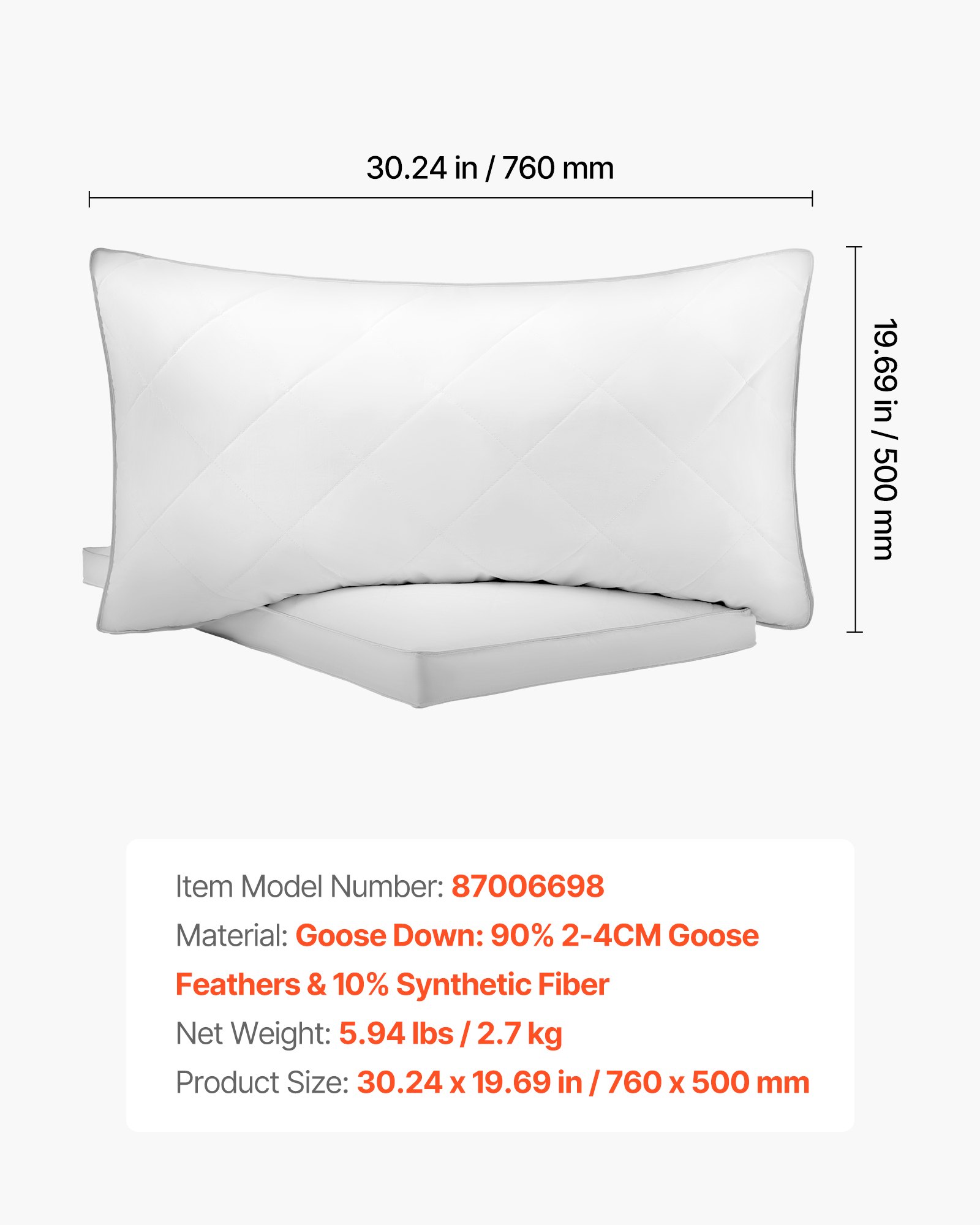 VEVOR Almohadas de Cama, 2 Piezas, Tamaño Queen 760 x 500 mm, Almohadas de Hotel de Lujo con Relleno Alternativo de Plumón Original, Sujetas y Mullidas, ideales para Descanso y Relajación, Blanco