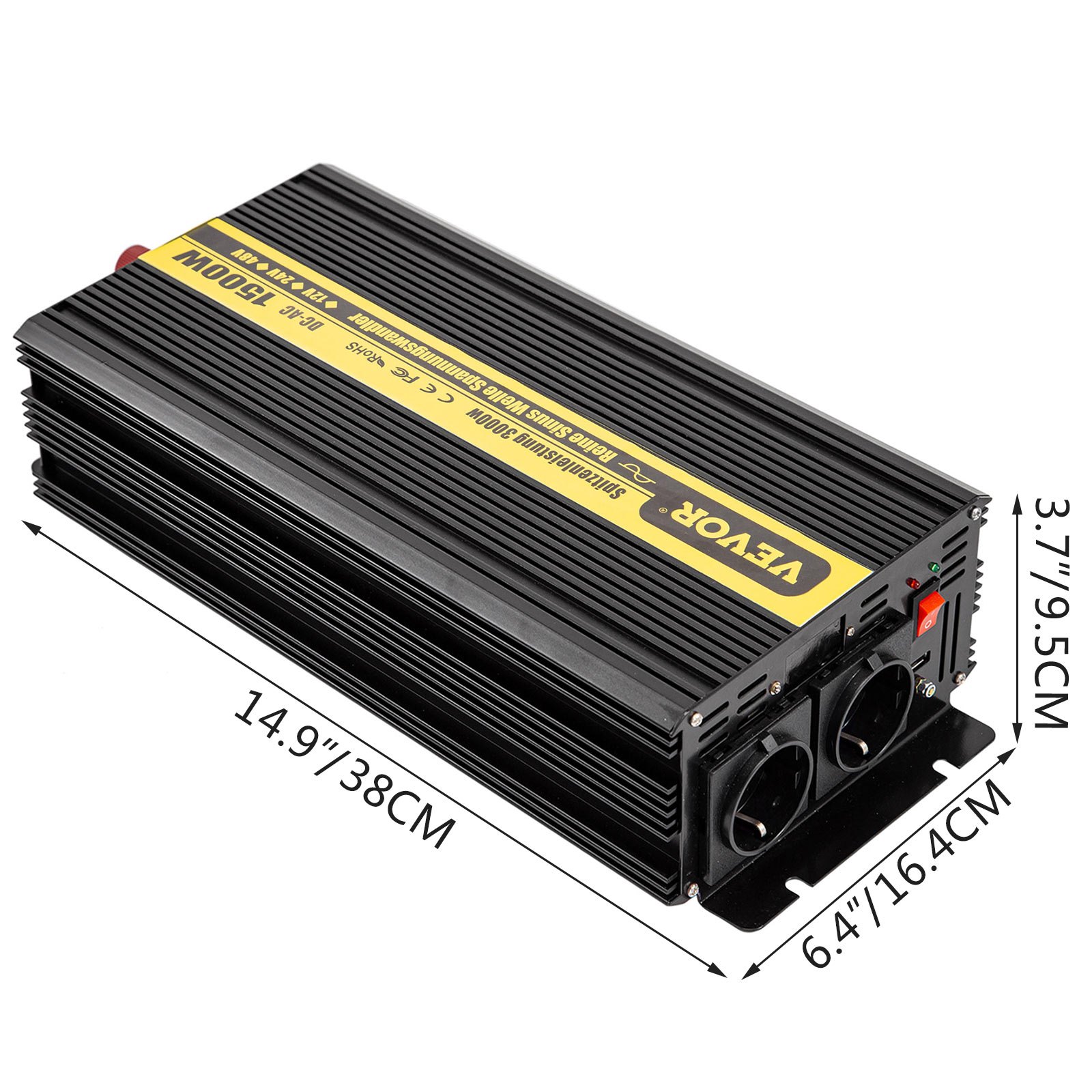 Vevor Inversor Onda Pura Convertidor Transformador Usb 12 v 230 v 1500 W Negro