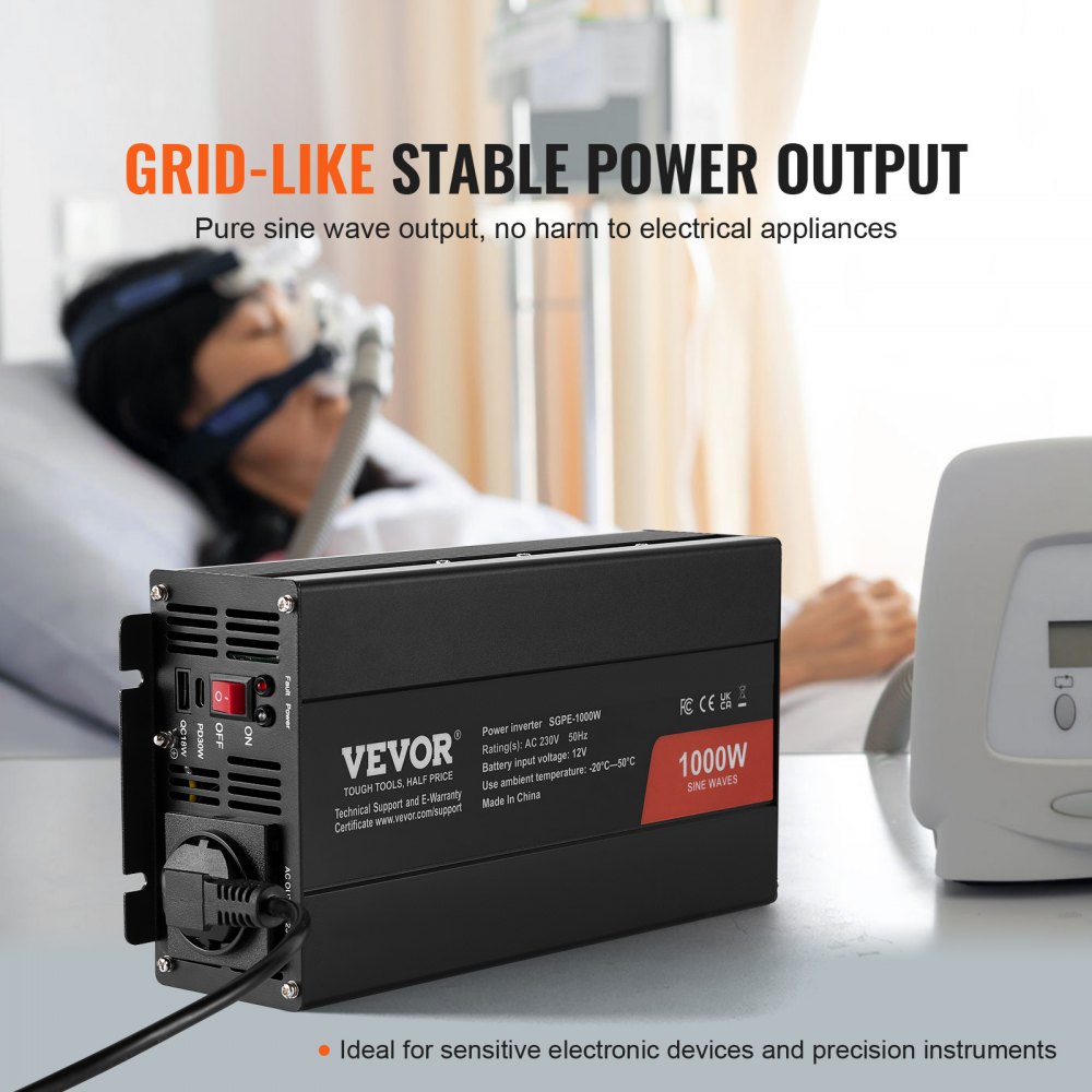 VEVOR Inversor de Corriente de Onda Sinusoidal Pura Inversor de Corriente 1000 W CC 12 V a CA 230 V con 2 Salidas de CA, 2 Puertos USB, 1 Puerto Tipo C y Control Remoto para teléfonos inteligentes, PC