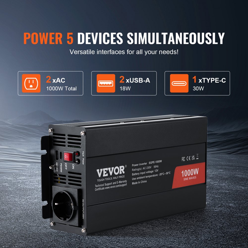 VEVOR Inversor de Corriente de Onda Sinusoidal Pura Inversor de Corriente 1000 W CC 12 V a CA 230 V con 2 Salidas de CA, 2 Puertos USB, 1 Puerto Tipo C y Control Remoto para teléfonos inteligentes, PC