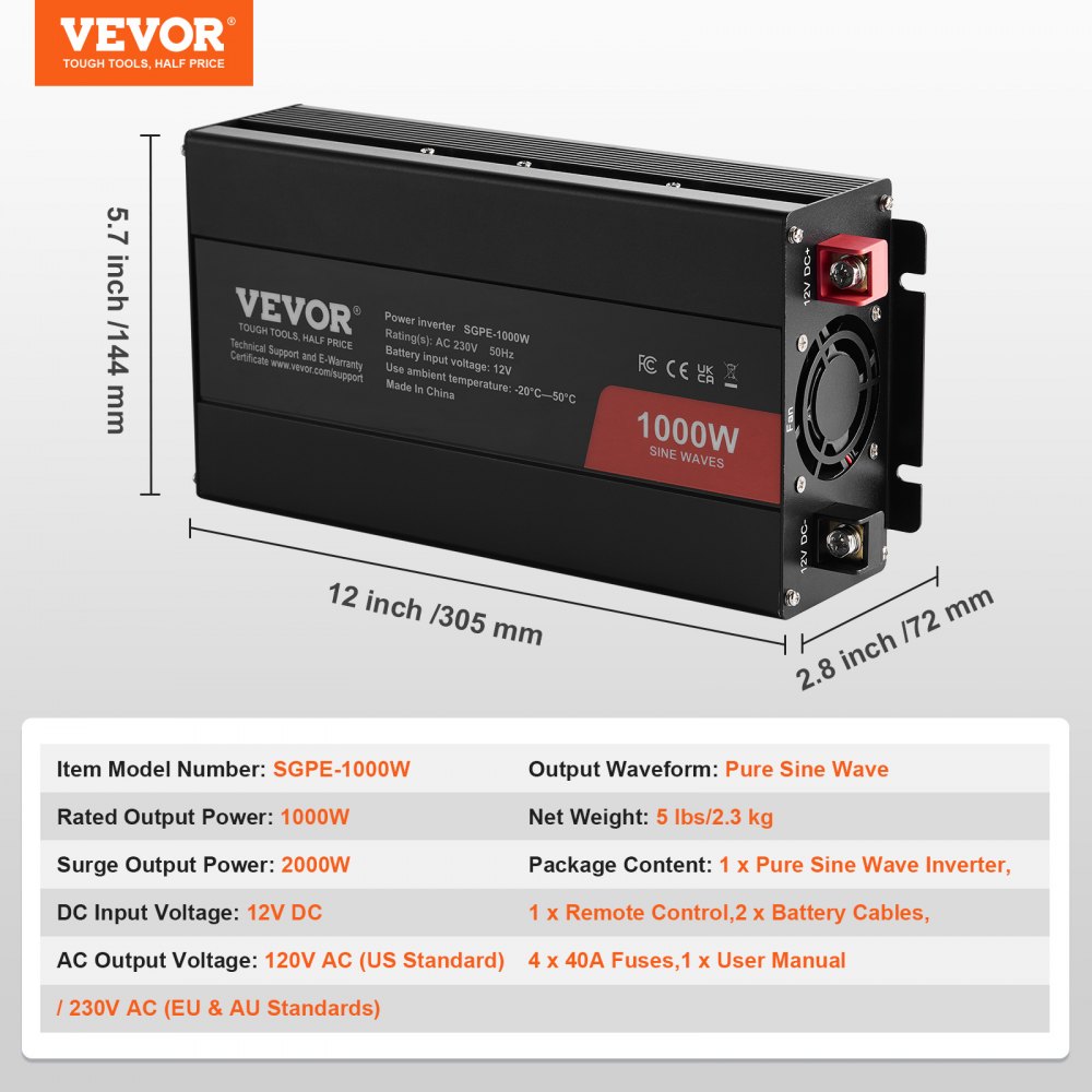 VEVOR Inversor de Corriente de Onda Sinusoidal Pura Inversor de Corriente 1000 W CC 12 V a CA 230 V con 2 Salidas de CA, 2 Puertos USB, 1 Puerto Tipo C y Control Remoto para teléfonos inteligentes, PC