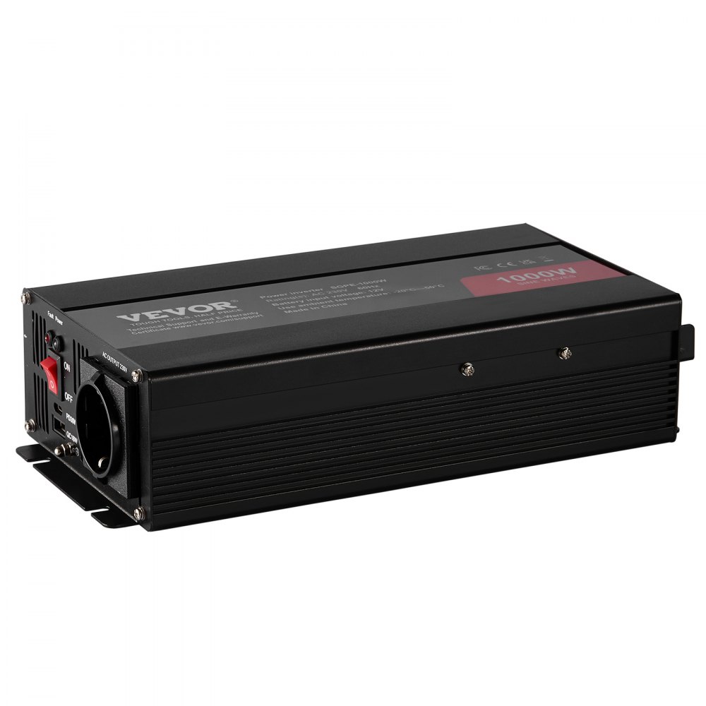 VEVOR Inversor de Corriente de Onda Sinusoidal Pura Inversor de Corriente 1000 W CC 12 V a CA 230 V con 2 Salidas de CA, 2 Puertos USB, 1 Puerto Tipo C y Control Remoto para teléfonos inteligentes, PC