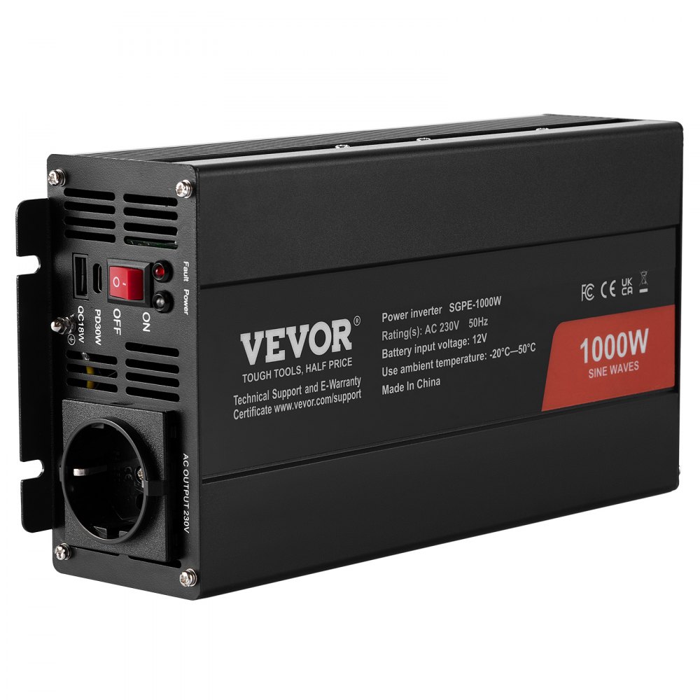 VEVOR Inversor de Corriente de Onda Sinusoidal Pura Inversor de Corriente 1000 W CC 12 V a CA 230 V con 2 Salidas de CA, 2 Puertos USB, 1 Puerto Tipo C y Control Remoto para teléfonos inteligentes, PC