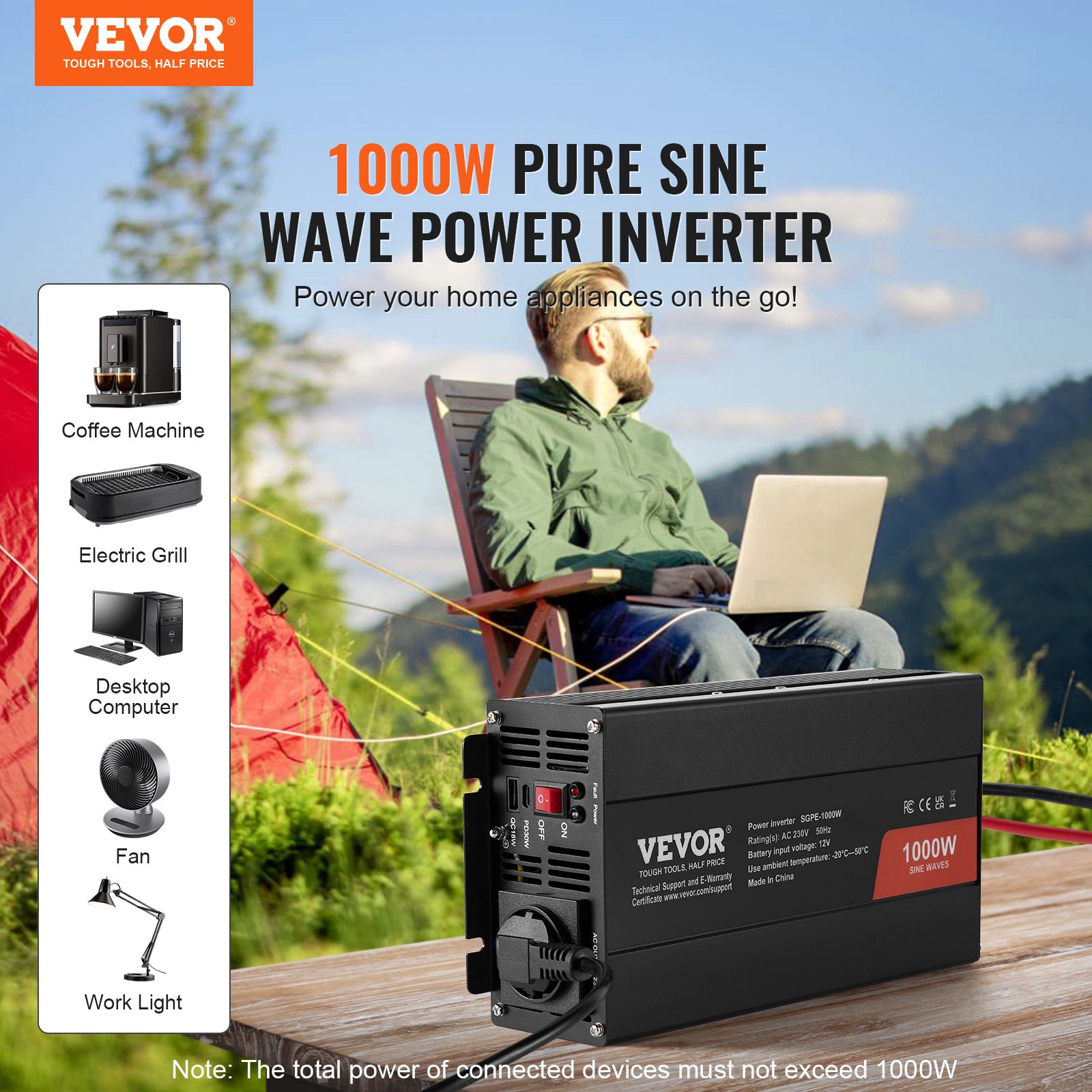VEVOR Inversor de Corriente de Onda Sinusoidal Pura Inversor de Corriente 1000 W CC 12 V a CA 230 V con 2 Salidas de CA, 2 Puertos USB, 1 Puerto Tipo C y Control Remoto para teléfonos inteligentes, PC