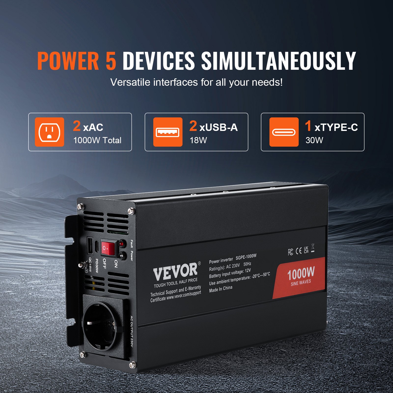 VEVOR Inversor de Corriente de Onda Sinusoidal Pura Inversor de Corriente 1000 W CC 12 V a CA 230 V con 2 Salidas de CA, 2 Puertos USB, 1 Puerto Tipo C y Control Remoto para teléfonos inteligentes, PC