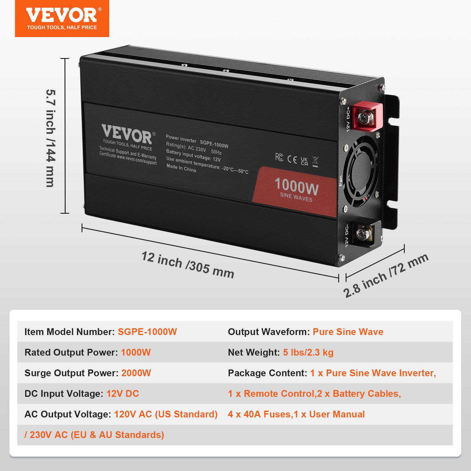 VEVOR Inversor de Corriente de Onda Sinusoidal Pura Inversor de Corriente 1000 W CC 12 V a CA 230 V con 2 Salidas de CA, 2 Puertos USB, 1 Puerto Tipo C y Control Remoto para teléfonos inteligentes, PC