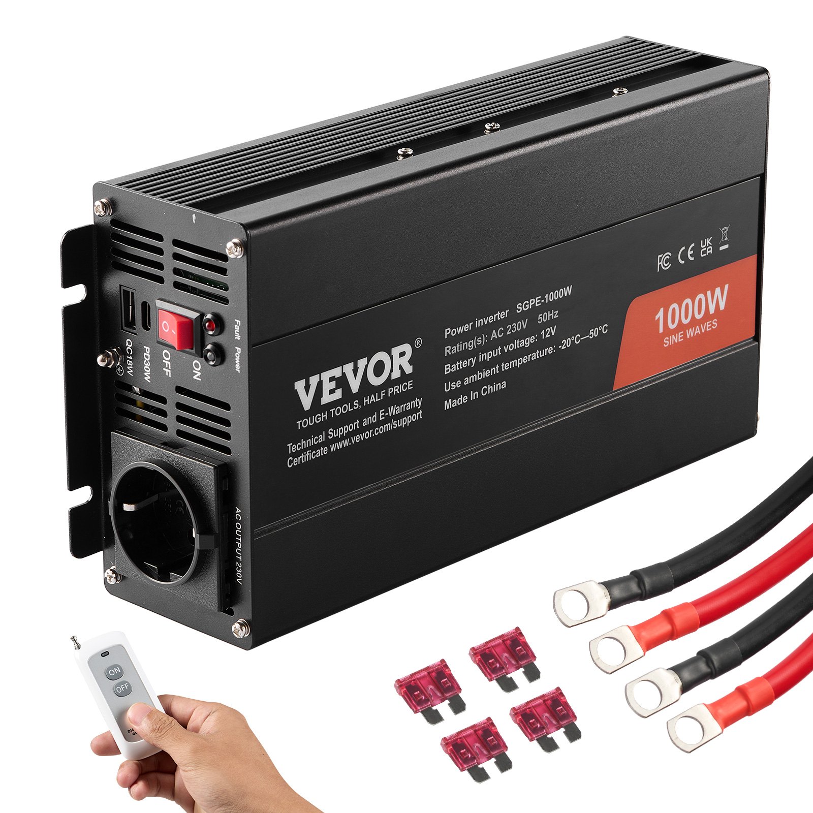 VEVOR Inversor de Corriente de Onda Sinusoidal Pura Inversor de Corriente 1000 W CC 12 V a CA 230 V con 2 Salidas de CA, 2 Puertos USB, 1 Puerto Tipo C y Control Remoto para teléfonos inteligentes, PC
