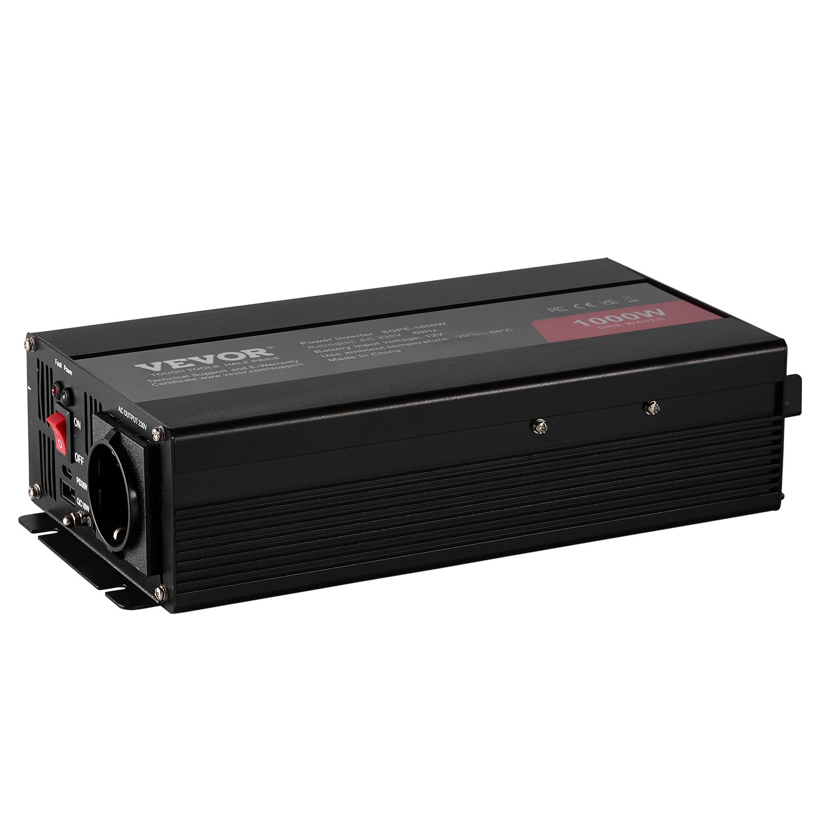VEVOR Inversor de Corriente de Onda Sinusoidal Pura Inversor de Corriente 1000 W CC 12 V a CA 230 V con 2 Salidas de CA, 2 Puertos USB, 1 Puerto Tipo C y Control Remoto para teléfonos inteligentes, PC