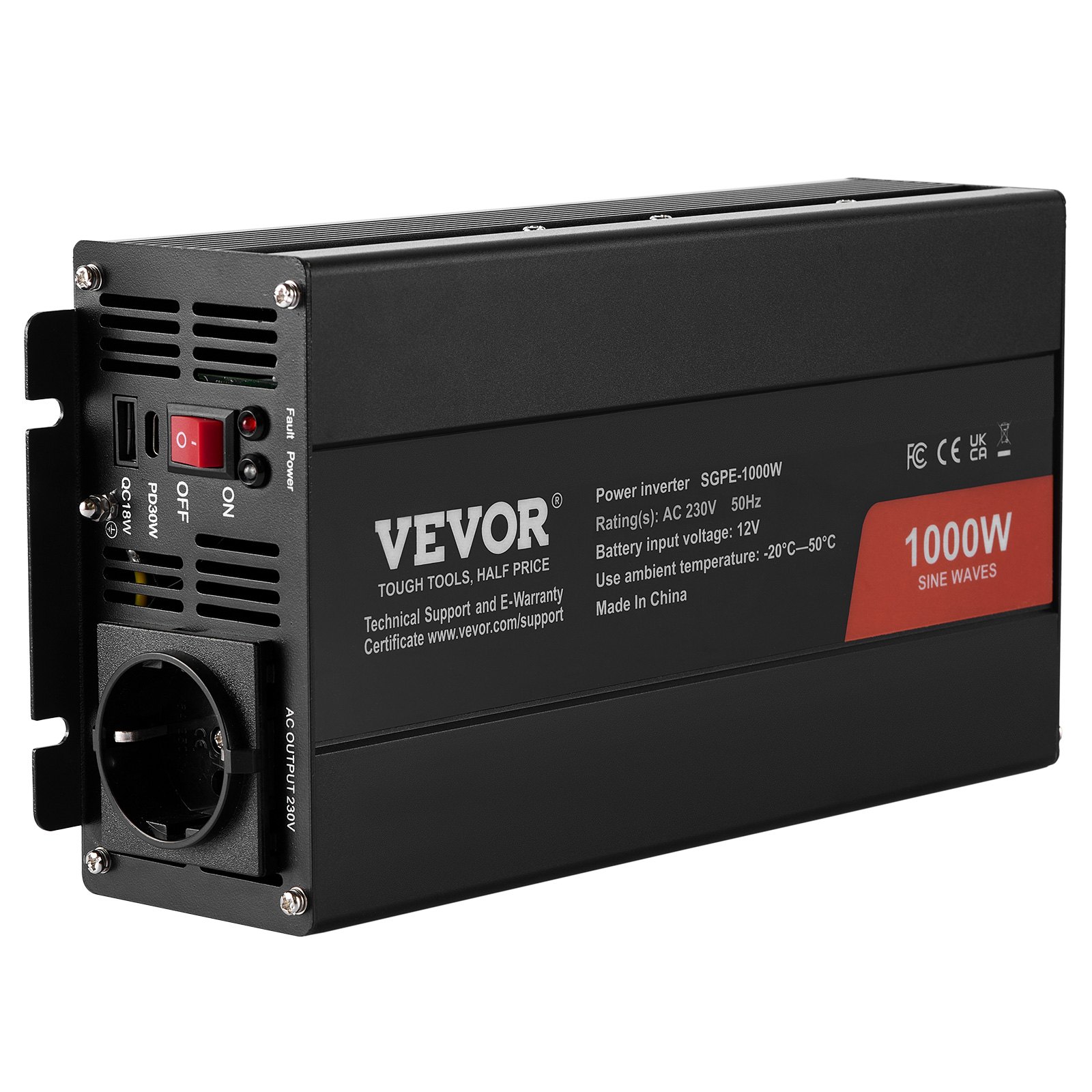 VEVOR Inversor de Corriente de Onda Sinusoidal Pura Inversor de Corriente 1000 W CC 12 V a CA 230 V con 2 Salidas de CA, 2 Puertos USB, 1 Puerto Tipo C y Control Remoto para teléfonos inteligentes, PC