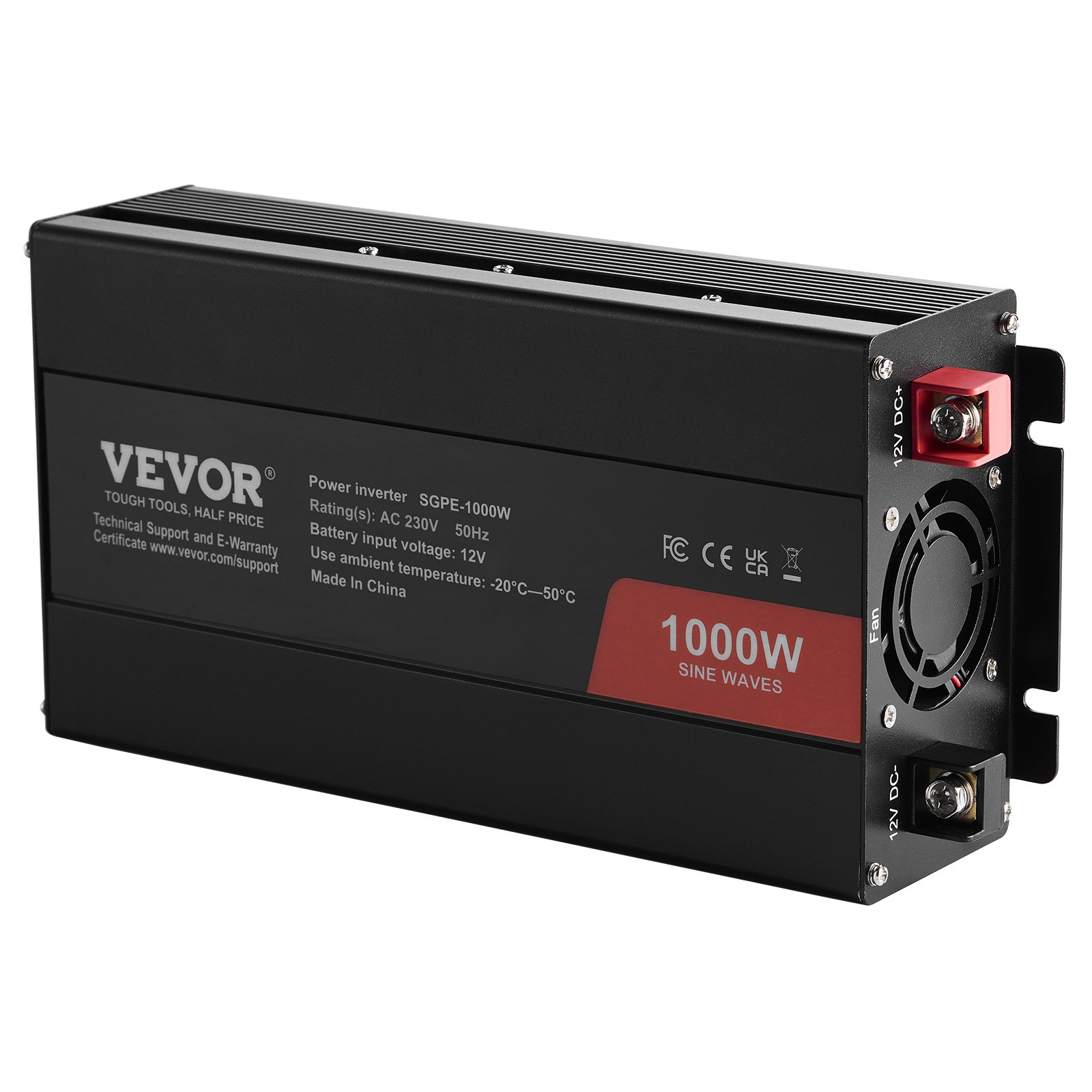 VEVOR Inversor de Corriente de Onda Sinusoidal Pura Inversor de Corriente 1000 W CC 12 V a CA 230 V con 2 Salidas de CA, 2 Puertos USB, 1 Puerto Tipo C y Control Remoto para teléfonos inteligentes, PC