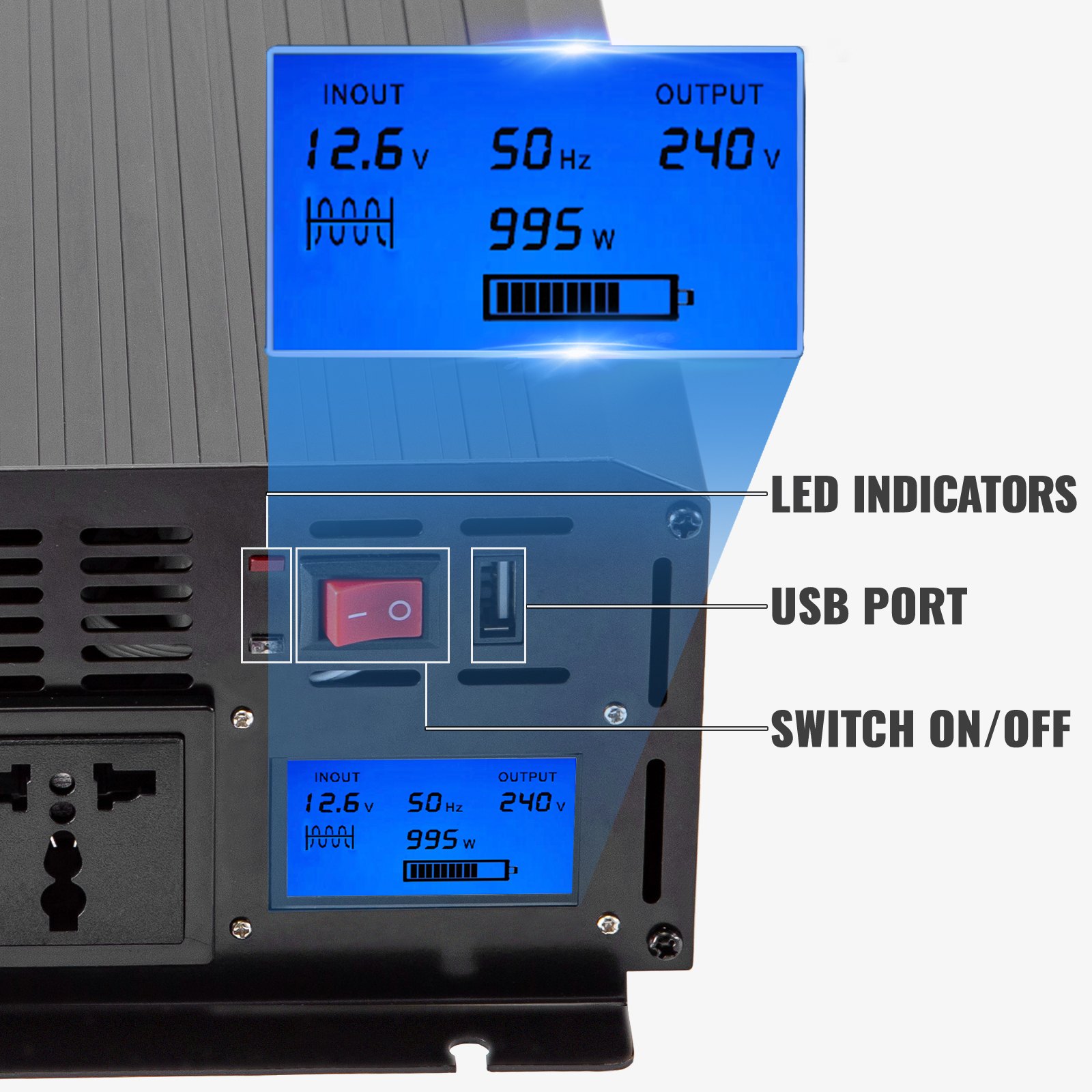 Vevor Inversor De Corriente Onda Sinusoidal Pura 1.000 W Convertidor 12 V 240 V