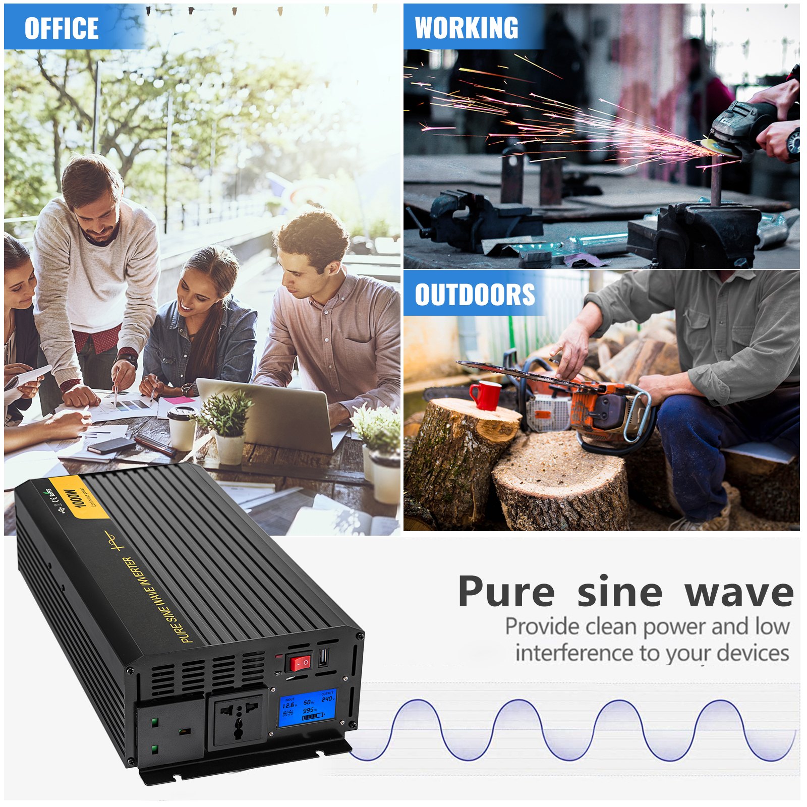 Vevor Inversor De Corriente Onda Sinusoidal Pura 1.000 W Convertidor 12 V 240 V