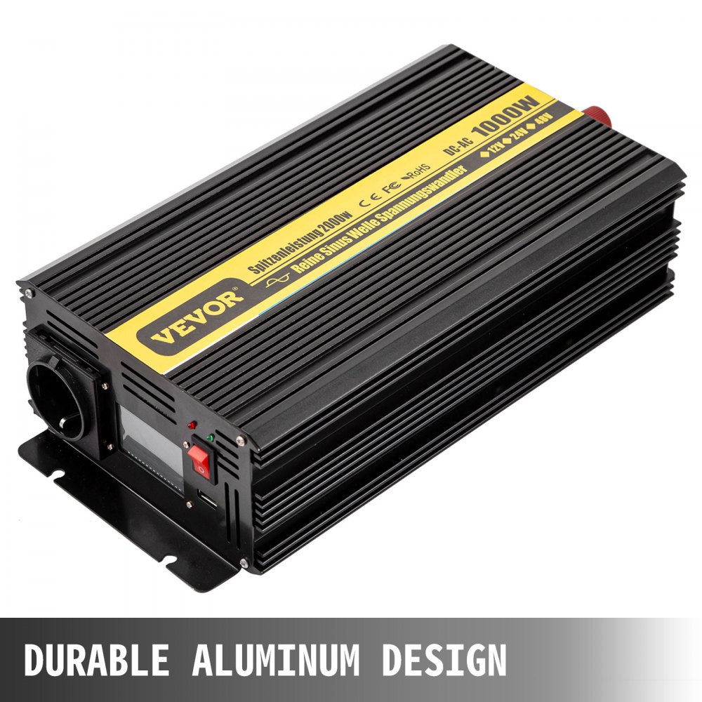 Vevor Inversor Onda Pura Convertidor Transformador Usb 12 v 230 v 1.000 W Negro
