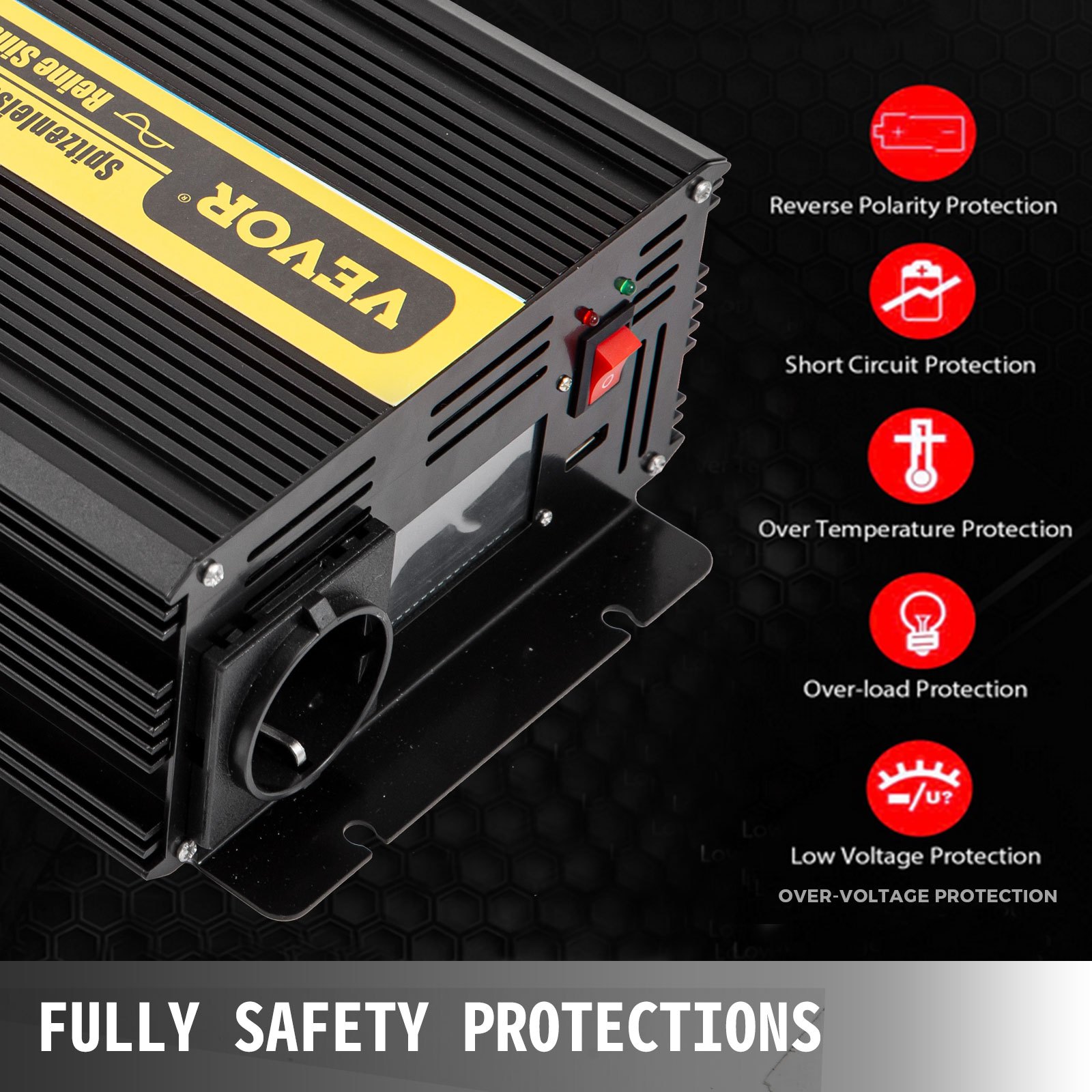 Vevor Inversor Onda Pura Convertidor Transformador Usb 12 v 230 v 1.000 W Negro