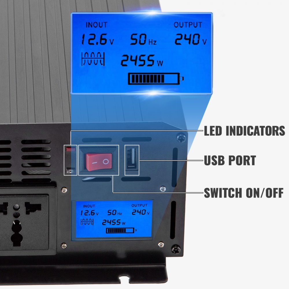 Vevor Inversor De Corriente Onda Sinusoidal Pura 2.500 W Convertidor 12 V 240 V