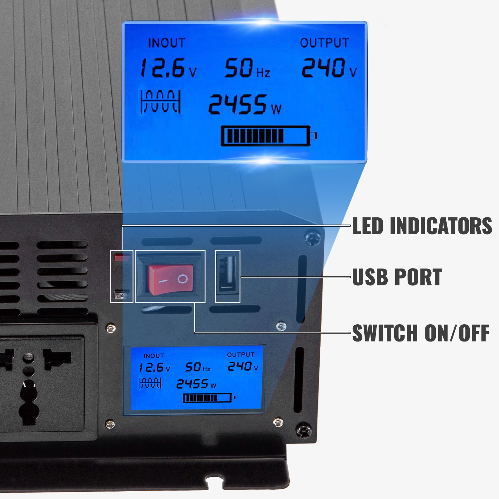 Vevor Inversor De Corriente Onda Sinusoidal Pura 2.500 W Convertidor 12 V 240 V