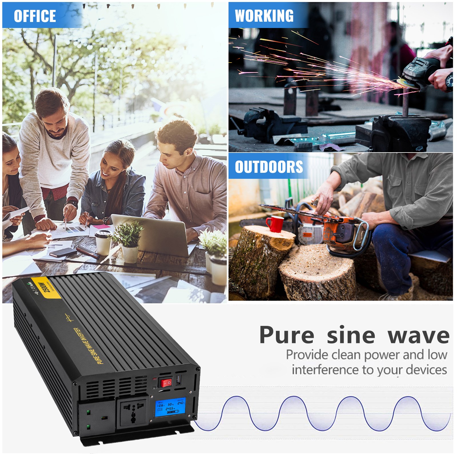 Vevor Inversor De Corriente Onda Sinusoidal Pura 2.500 W Convertidor 12 V 240 V
