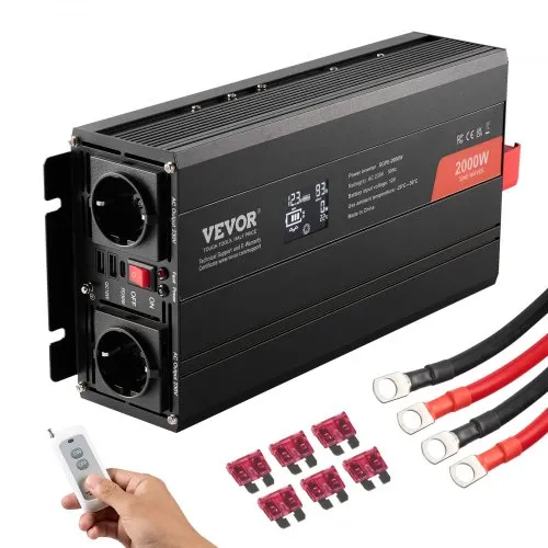 VEVOR Inversor de Corriente de Onda Sinusoidal Pura Inversor de Corriente 2000 W CC 12 V a CA 230 V con 2 Salidas de CA, 2 Puertos USB, 1 Puerto Tipo C y Control Remoto para teléfonos inteligentes, PC