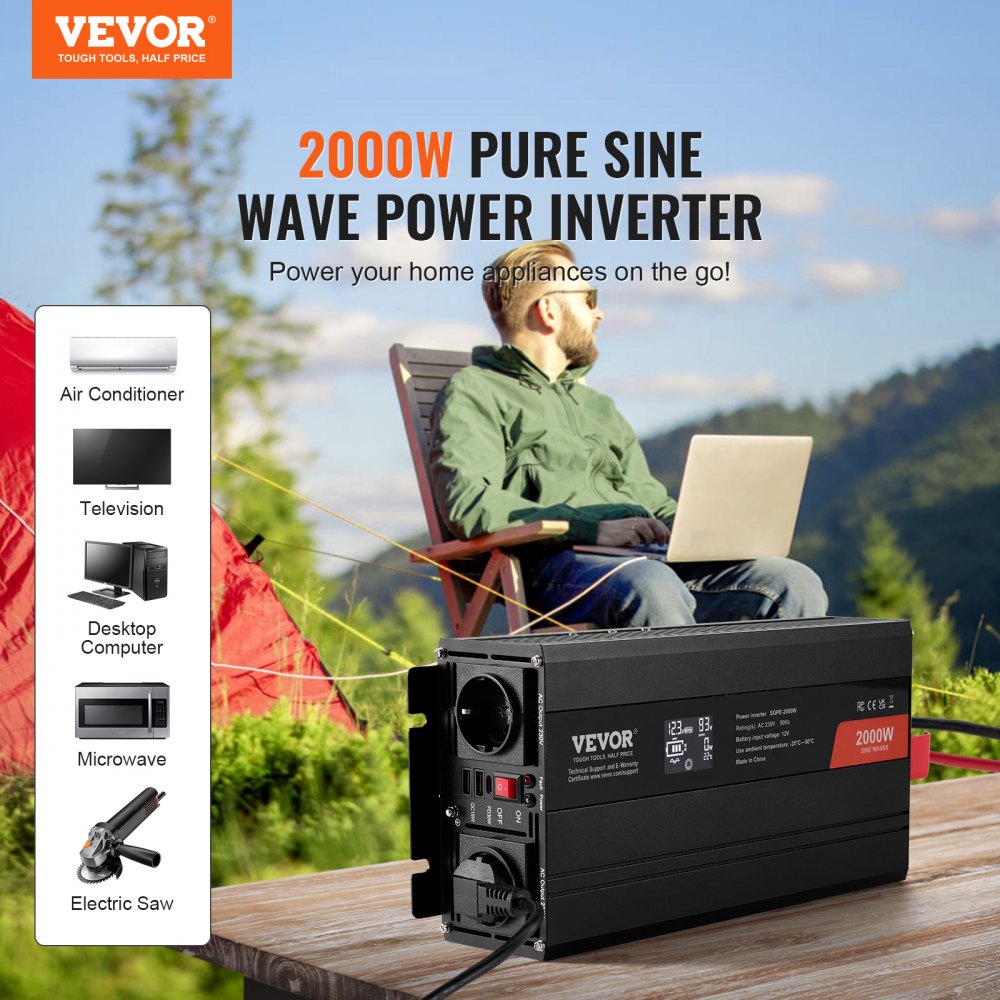 VEVOR Inversor de Corriente de Onda Sinusoidal Pura Inversor de Corriente 2000 W CC 12 V a CA 230 V con 2 Salidas de CA, 2 Puertos USB, 1 Puerto Tipo C y Control Remoto para teléfonos inteligentes, PC