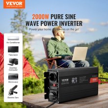 VEVOR Inversor de Corriente de Onda Sinusoidal Pura Inversor de Corriente 2000 W CC 12 V a CA 230 V con 2 Salidas de CA, 2 Puertos USB, 1 Puerto Tipo C y Control Remoto para teléfonos inteligentes, PC