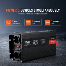 VEVOR Inversor de Corriente de Onda Sinusoidal Pura Inversor de Corriente 2000 W CC 12 V a CA 230 V con 2 Salidas de CA, 2 Puertos USB, 1 Puerto Tipo C y Control Remoto para teléfonos inteligentes, PC