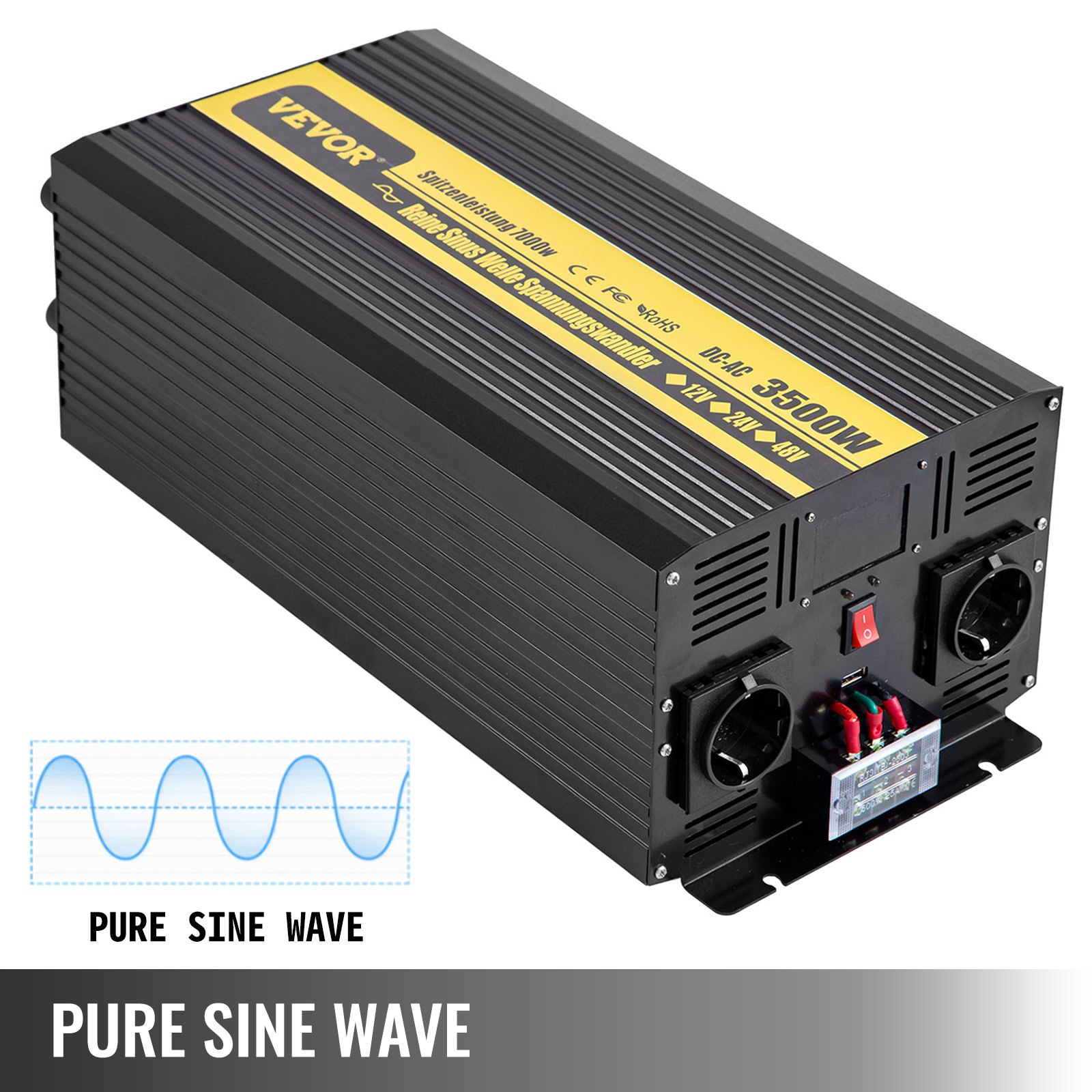 Vevor Inversor Onda Pura Convertidor Transformador Usb 12 v 230 v 3500 W Negro