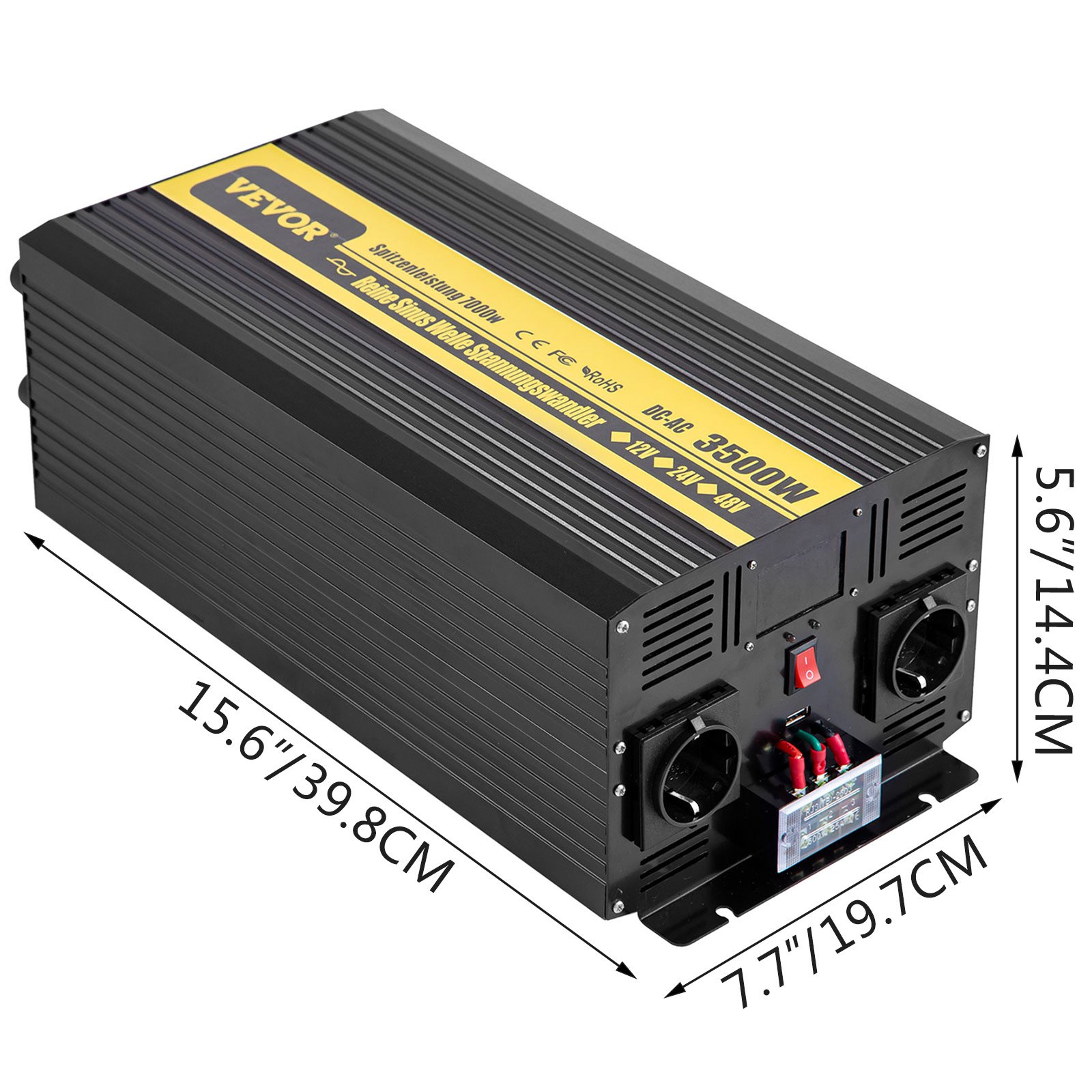 Vevor Inversor Onda Pura Convertidor Transformador Usb 12 v 230 v 3500 W Negro