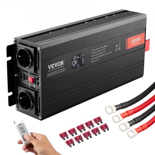 VEVOR Inversor de Corriente de Onda Sinusoidal Pura Inversor de Corriente 3000 W CC 12 V a CA 230 V con 2 Salidas de CA, 2 Puertos USB, 1 Puerto Tipo C y Control Remoto para teléfonos inteligentes, PC