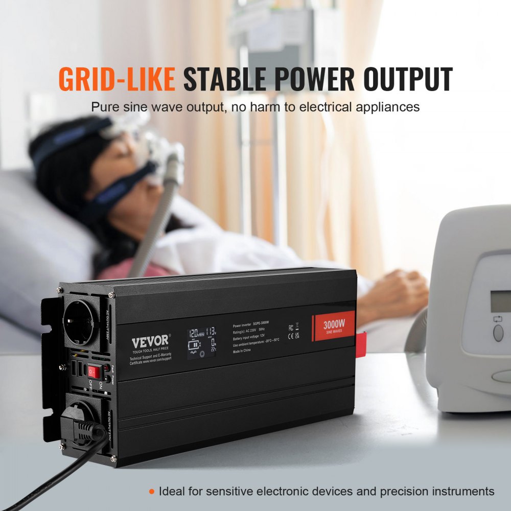 VEVOR Inversor de Corriente de Onda Sinusoidal Pura Inversor de Corriente 3000 W CC 12 V a CA 230 V con 2 Salidas de CA, 2 Puertos USB, 1 Puerto Tipo C y Control Remoto para teléfonos inteligentes, PC