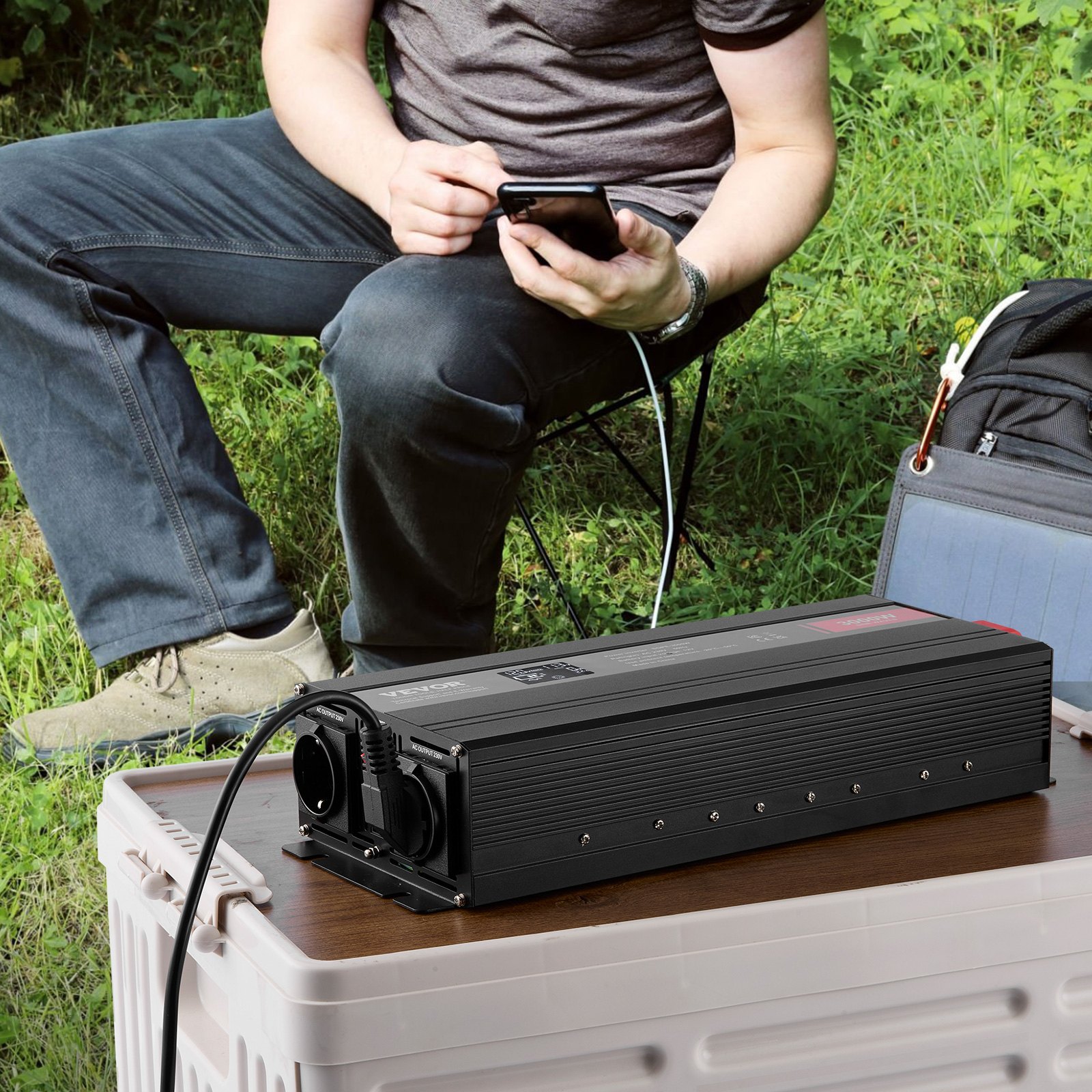 VEVOR Inversor de Corriente de Onda Sinusoidal Pura Inversor de Corriente 3000 W CC 12 V a CA 230 V con 2 Salidas de CA, 2 Puertos USB, 1 Puerto Tipo C y Control Remoto para teléfonos inteligentes, PC