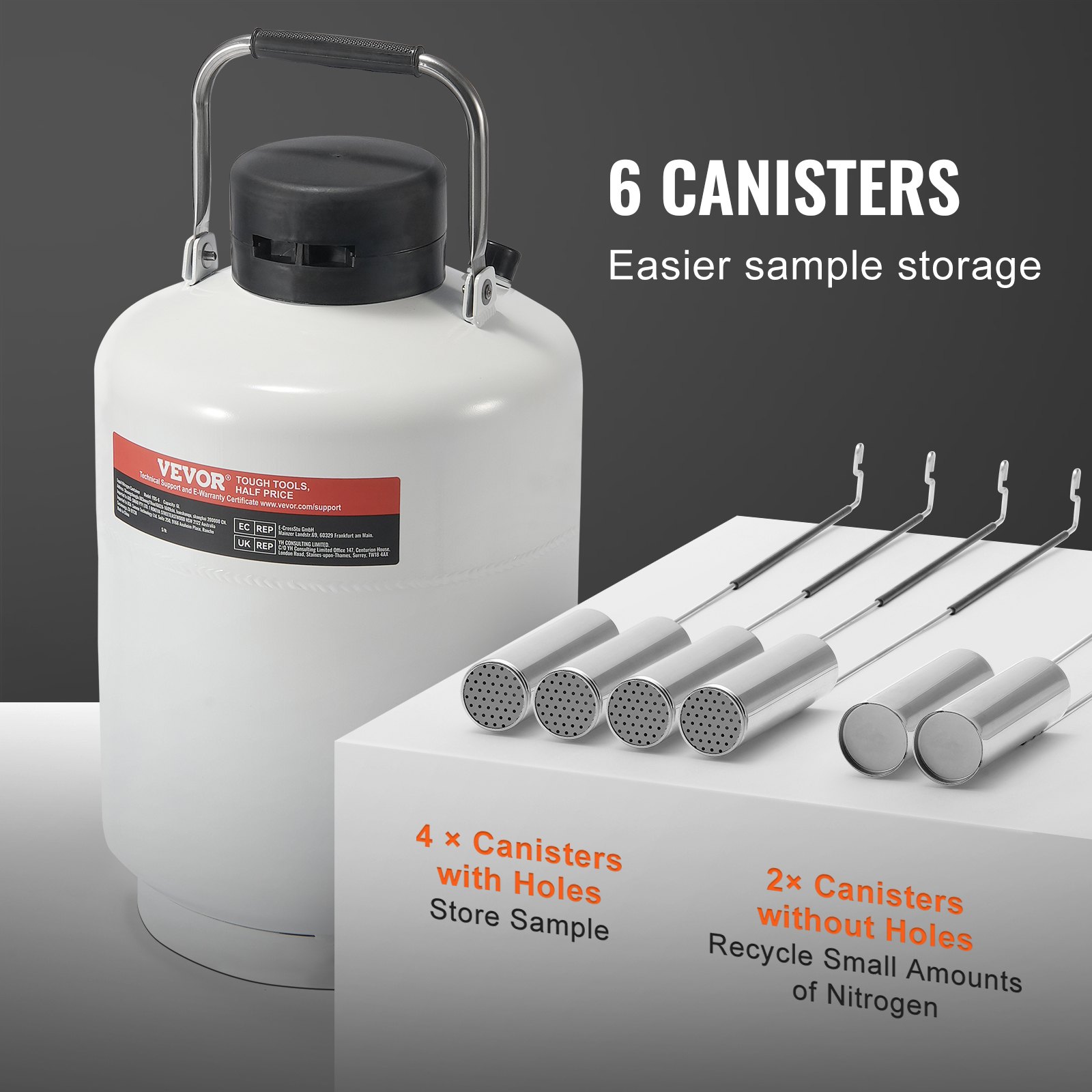 Tanque de nitrógeno líquido VEVOR, contenedor de nitrógeno líquido de aleación de aluminio de 10 L, Dewar de tanque LN2 con 6 botes y bolsa de transporte con correas, tanque criogénico para la industria de la belleza, conservación de semen, científico