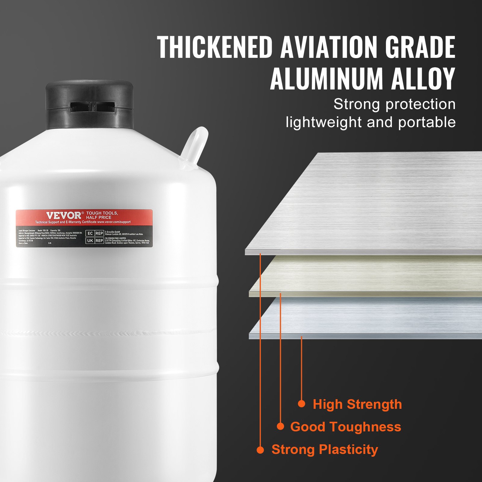 Tanque de nitrógeno líquido VEVOR, contenedor de nitrógeno líquido de aleación de aluminio de 20 L, Dewar de tanque LN2 con 6 botes y bolsa de transporte con correas, tanque criogénico para la industria de la belleza, conservación de semen, científico