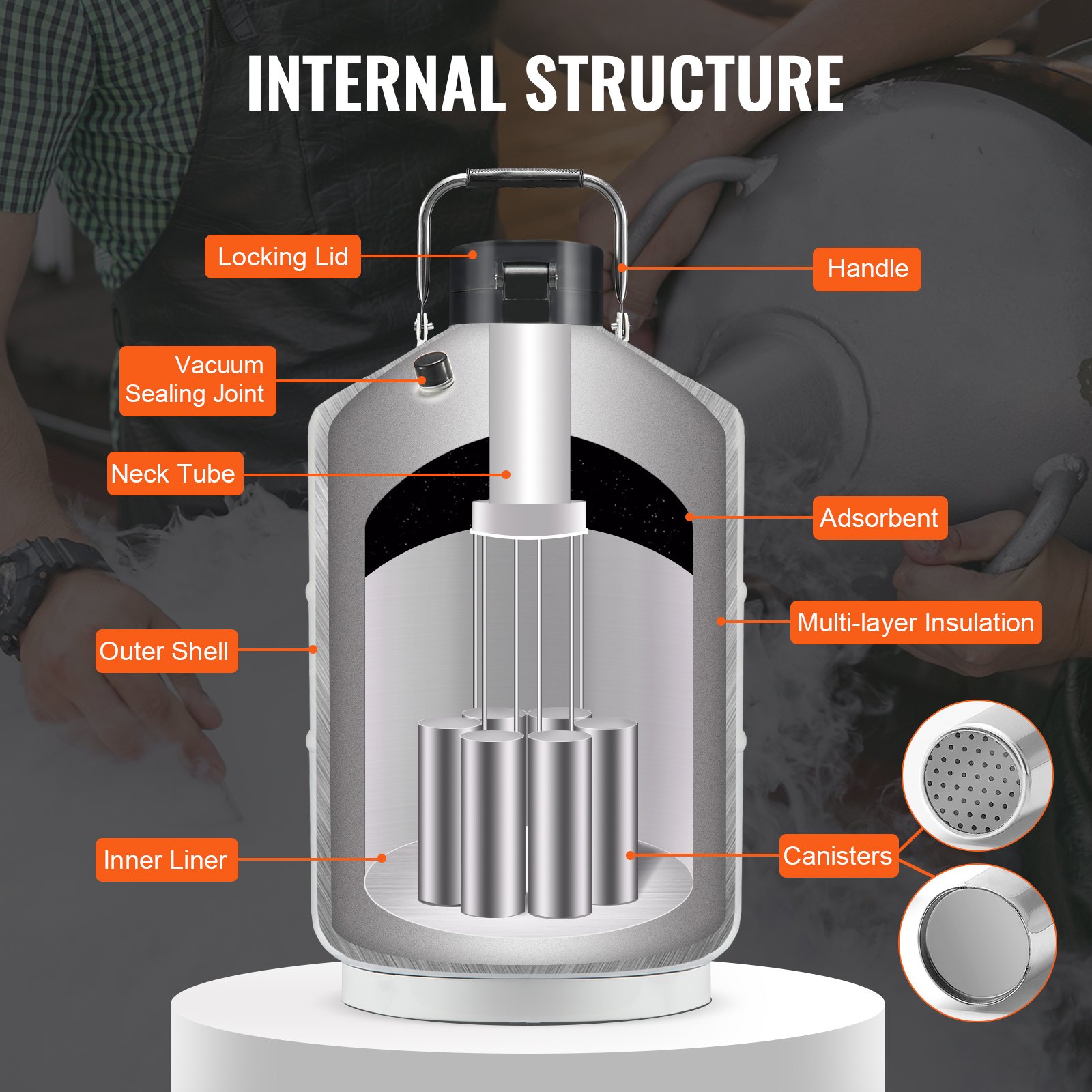 Tanque de nitrógeno líquido VEVOR, contenedor de nitrógeno líquido de aleación de aluminio de 3 L, Dewar de tanque LN2 con 6 botes y bolsa de transporte con correas, tanque criogénico para la industria de la belleza, conservación de semen, científico