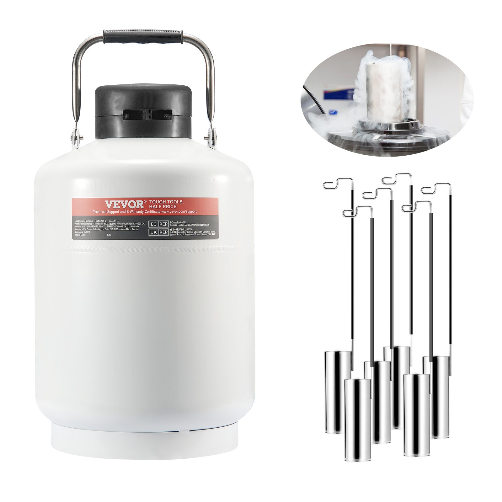 Tanque de nitrógeno líquido VEVOR, contenedor de nitrógeno líquido de aleación de aluminio de 6 L, Dewar de tanque LN2 con 6 botes y bolsa de transporte con correas, tanque criogénico para la industria de la belleza, conservación de semen, científico
