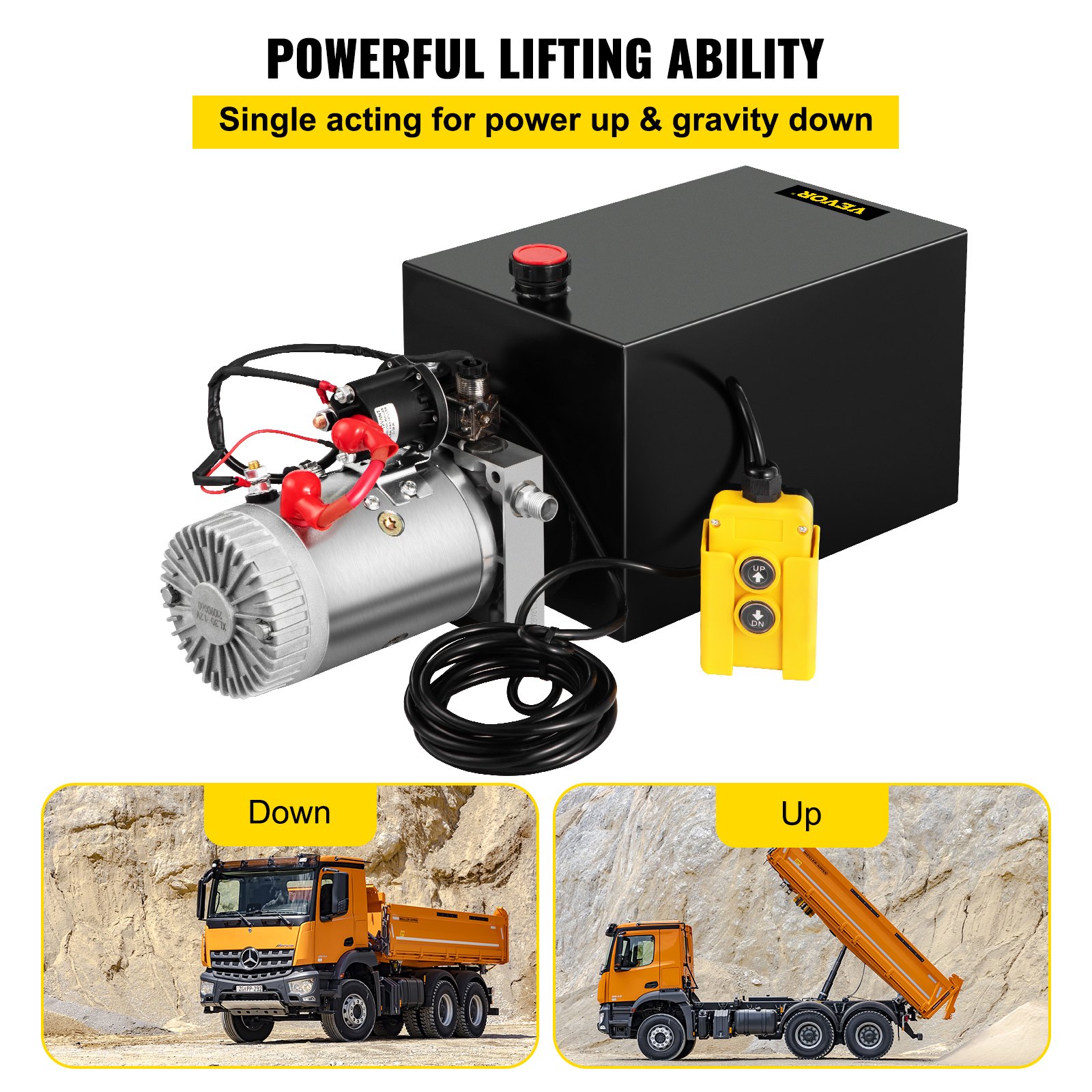 VEVOR Bomba hidráulica de 12 V CC, unidad de potencia hidráulica de simple efecto de 14,2 L, con tanque de metal, elevación de volcado rápida y eficiente para remolque de elevación de cangilones