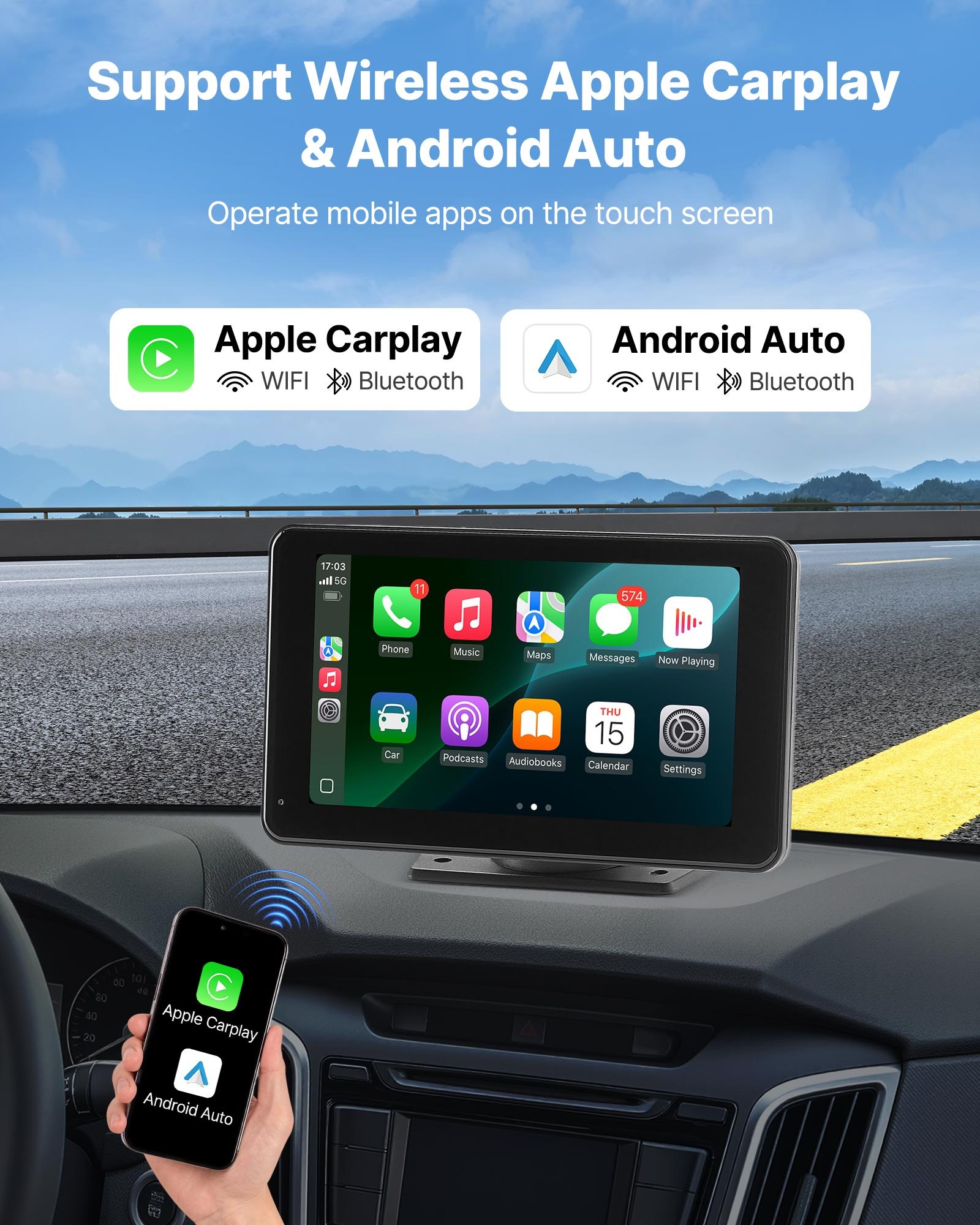 VEVOR Estéreo Inalámbrico para Coche, Radio Portátil HD de 177,8 mm con Pantalla Táctil Compatible con Apple CarPlay y Android Auto, Cámara de Respaldo, Control de Voz, Bluetooth, Navegación GPS
