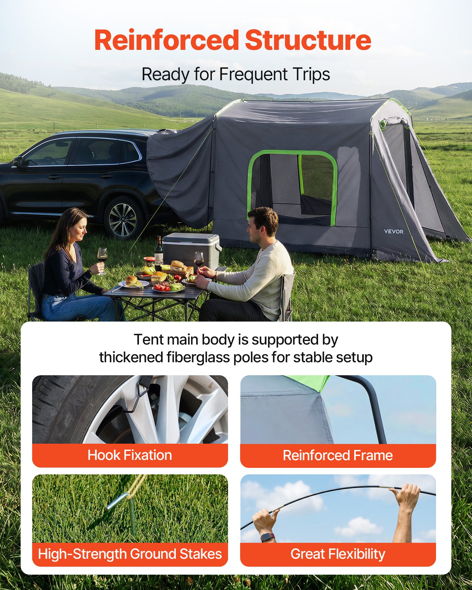 VEVOR Tienda de Campaña para Portón Trasero 323 x 244 x 220 cm para 5 a 9 Personas, Tienda de Campaña para Maletero de Coche con Puerta Ventilada y Ventanas de Malla para Acampar al Aire Libre